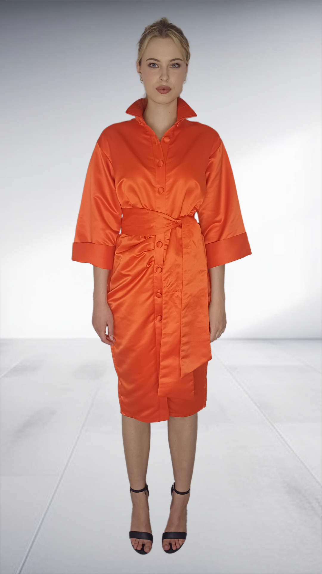 Vibrant Orange Belted Shirt Dress
