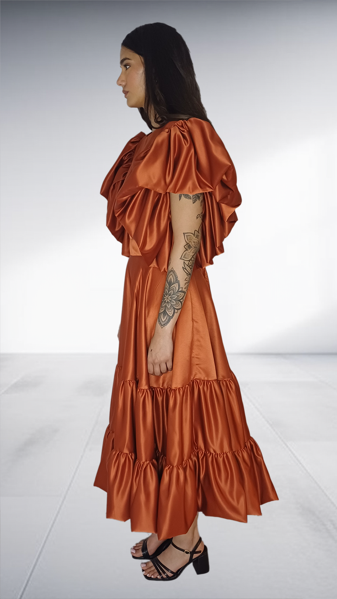 Rust Satin Ruffle Tiered Midi Dress