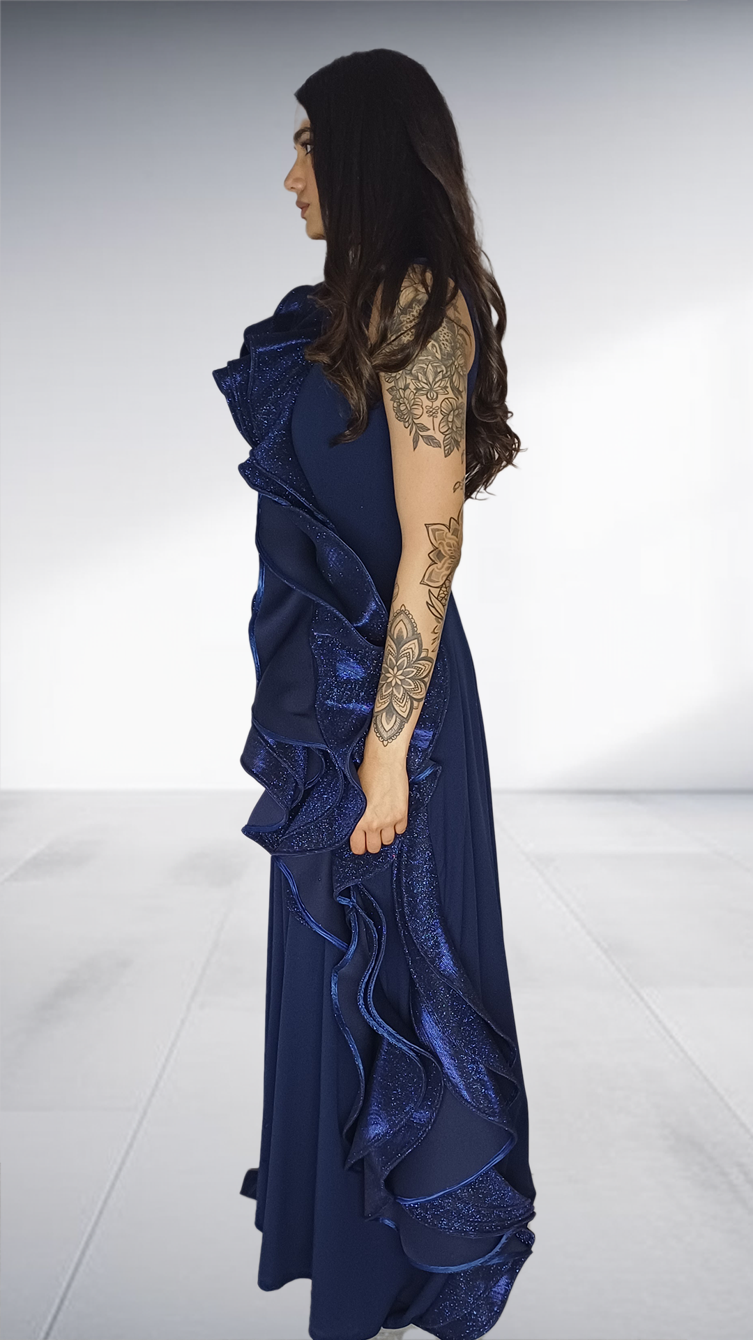 Navy Blue Ruffled Evening Gown