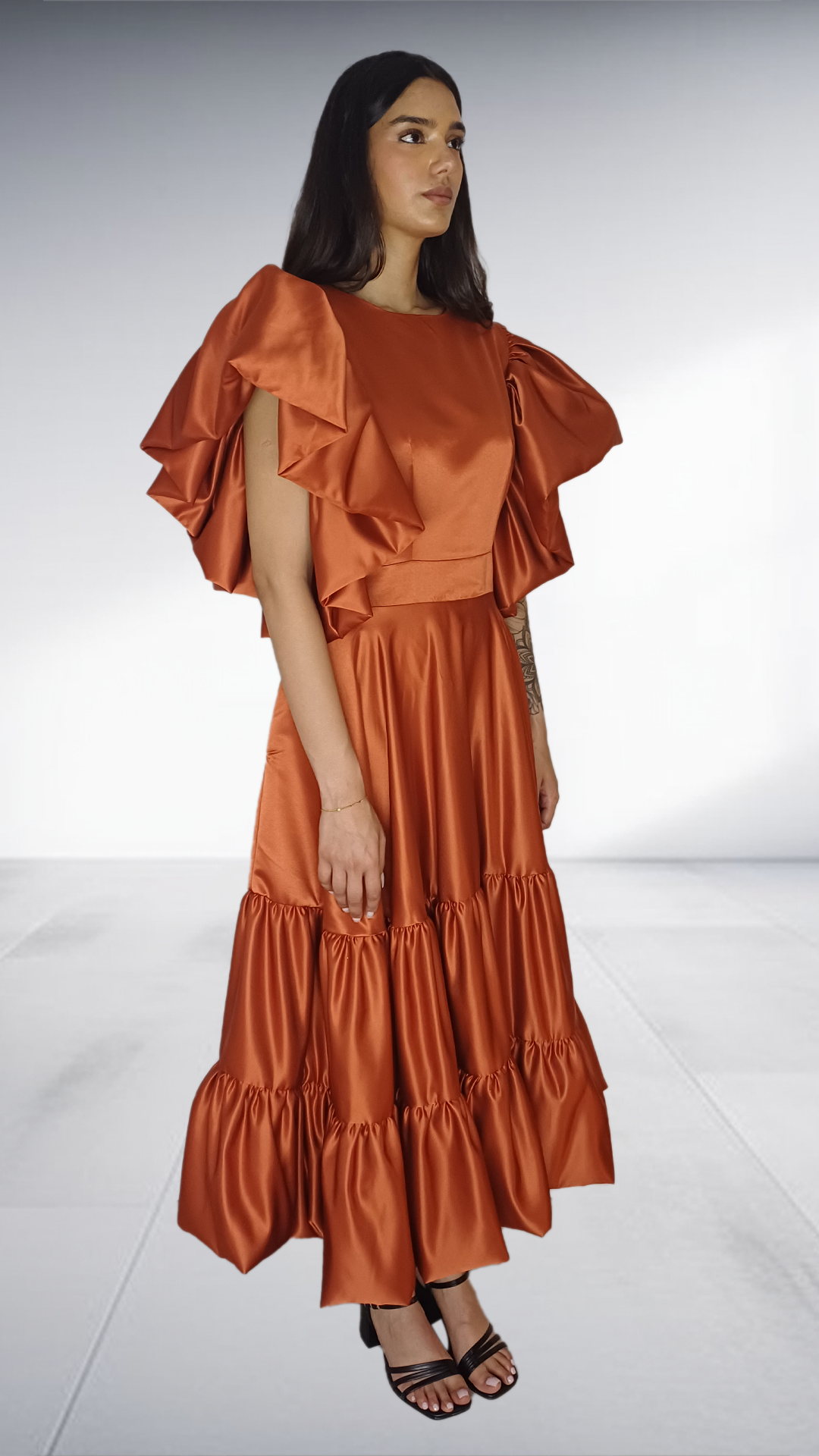 Rust Satin Ruffle Tiered Midi Dress