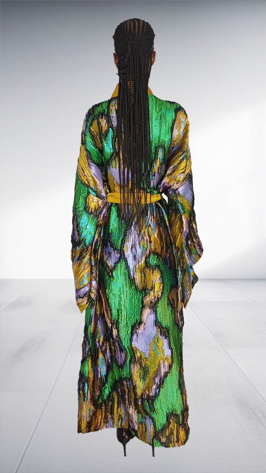 Green & Yellow Abstract Print Kimono Robe with Belt