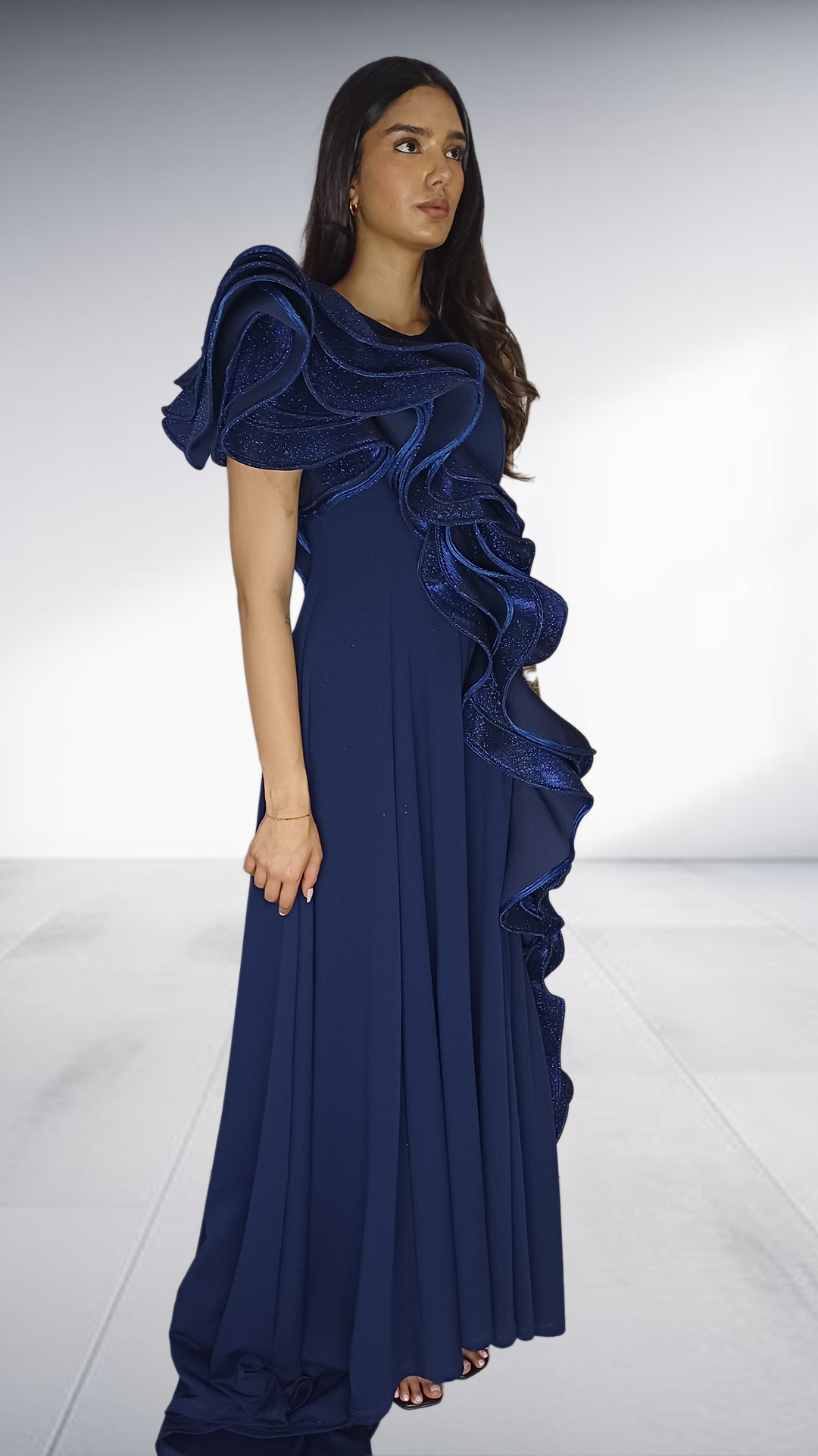 Navy Blue Ruffled Evening Gown