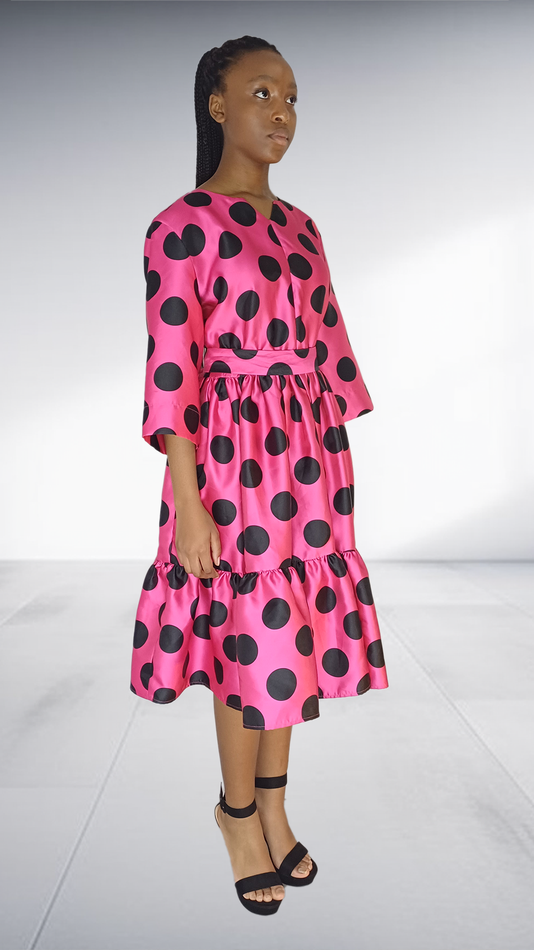 Hot Pink Black Polka Dot Tiered Midi Dress