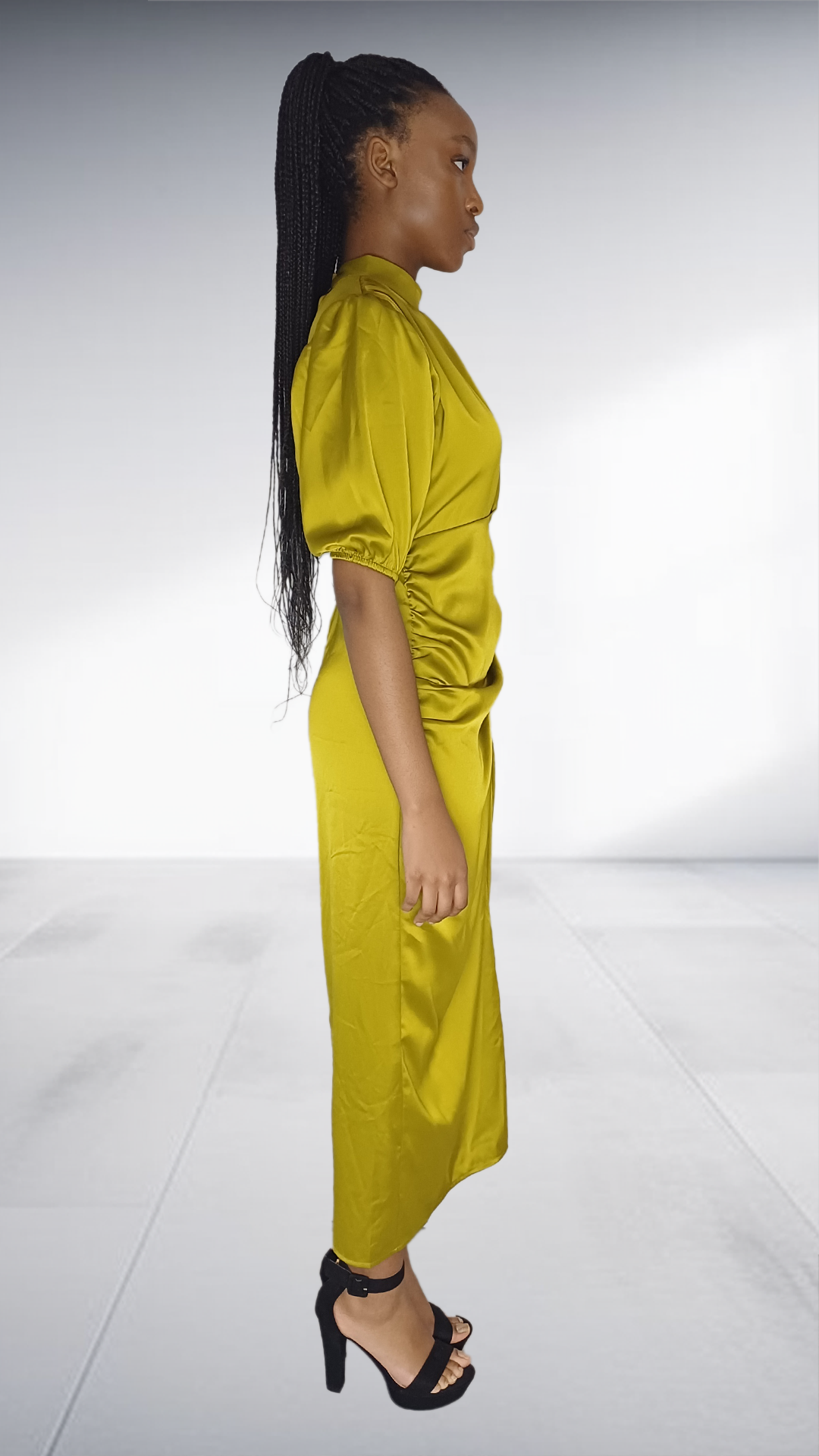 Olive Green Satin Ruched Midi Dress