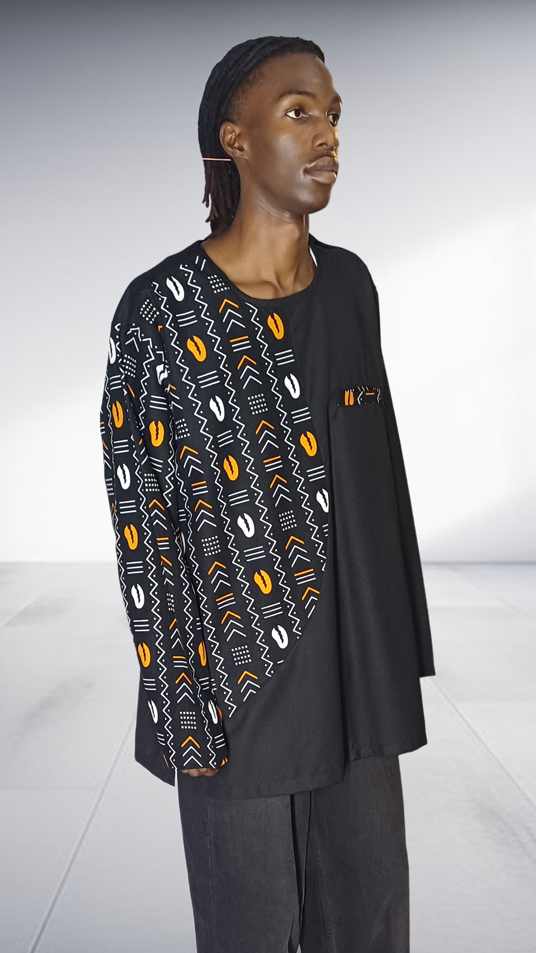 Lolo D African Print Panel Long Sleeve Shirt - Black with Yellow & White Accents