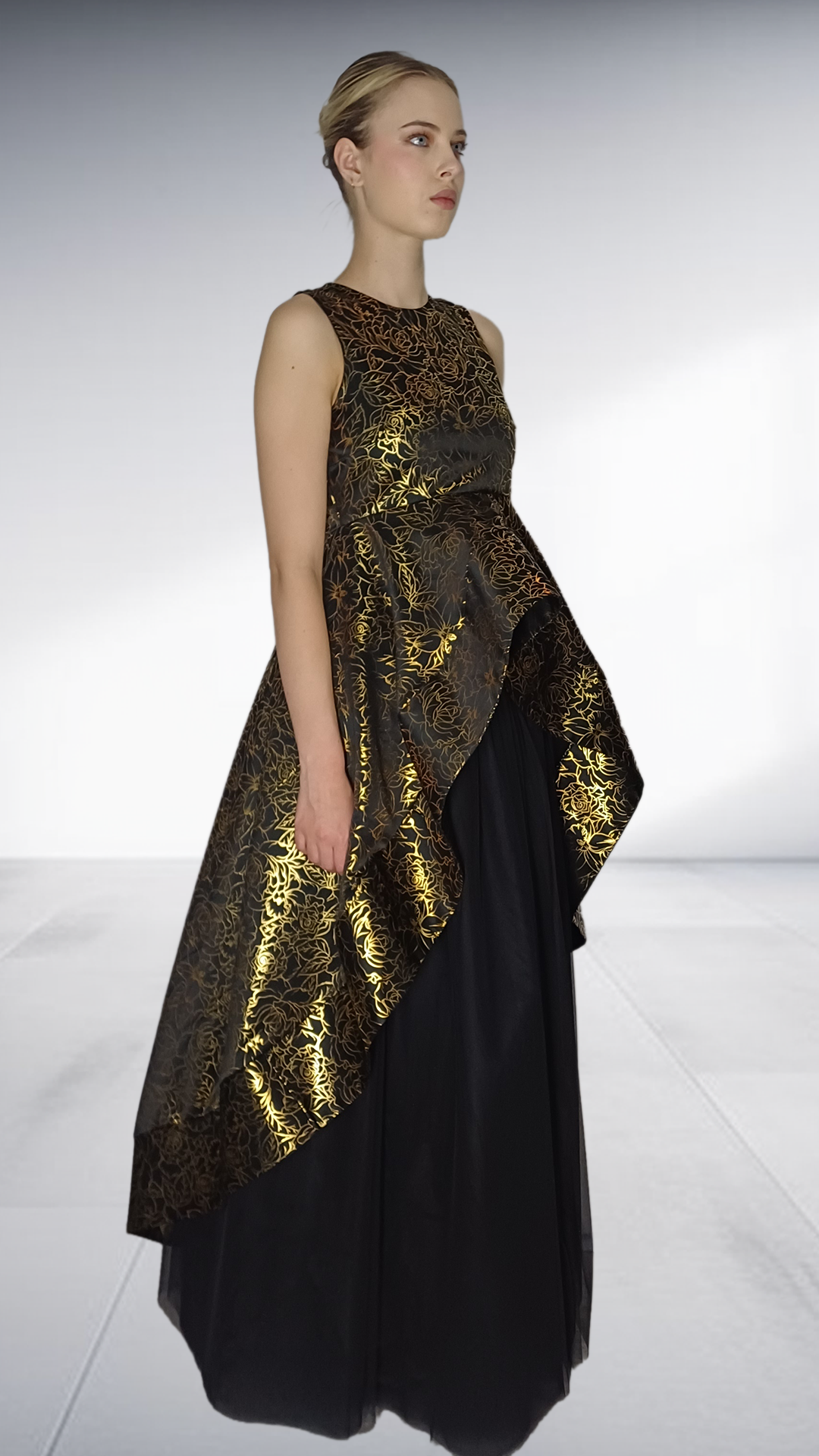 Kayla Stam Gold Brocade Peplum Top & Black Tulle Skirt Set