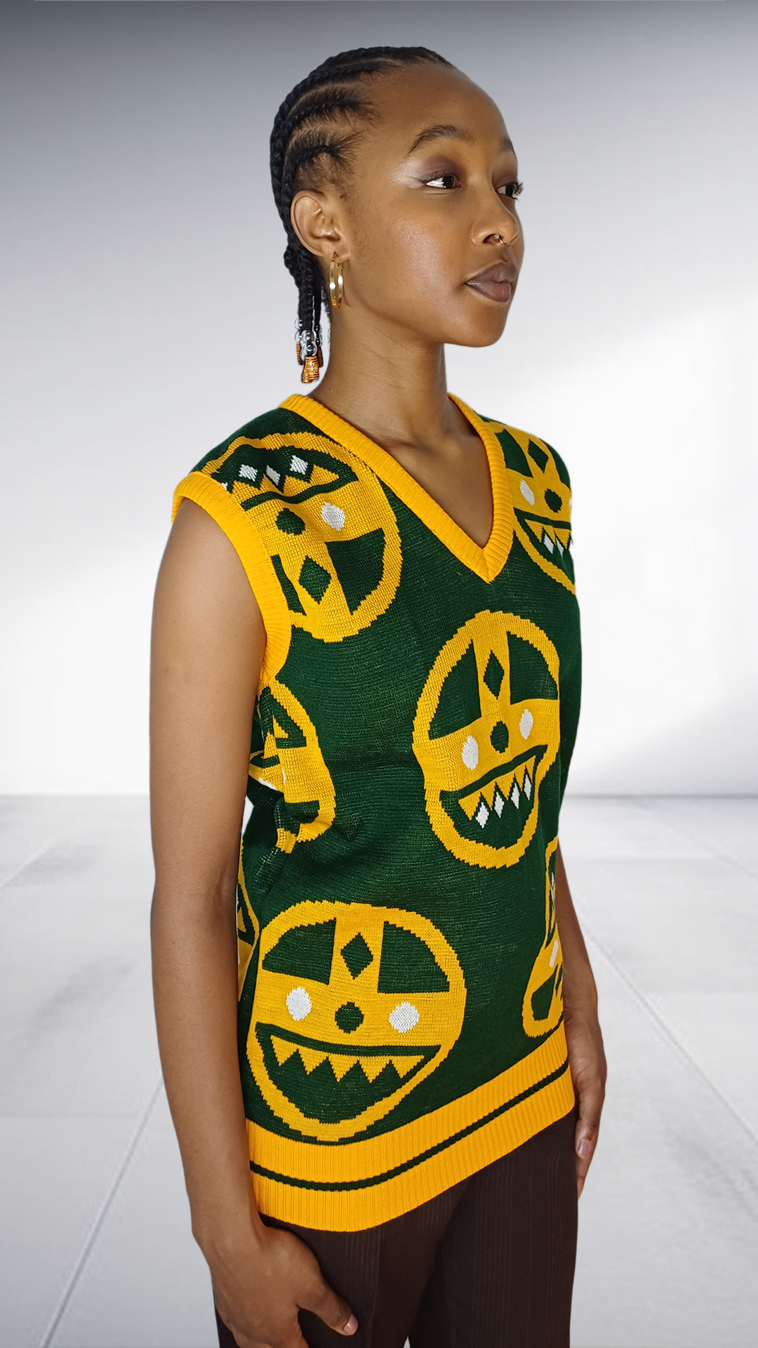 Green & Gold African Motif Knit Vest