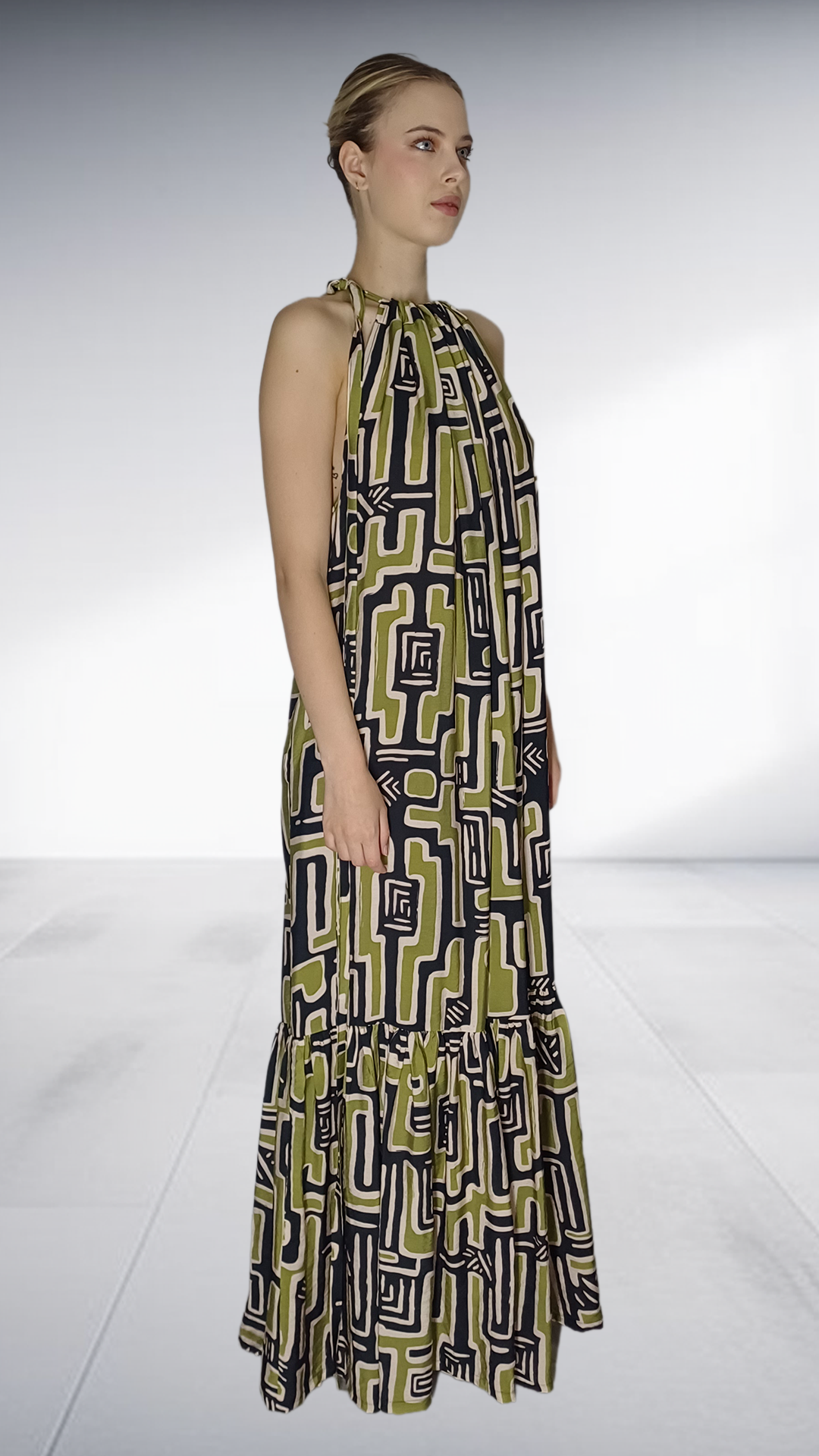 Thula Sindi Geometric Print Halter Maxi Dress - Olive & Black