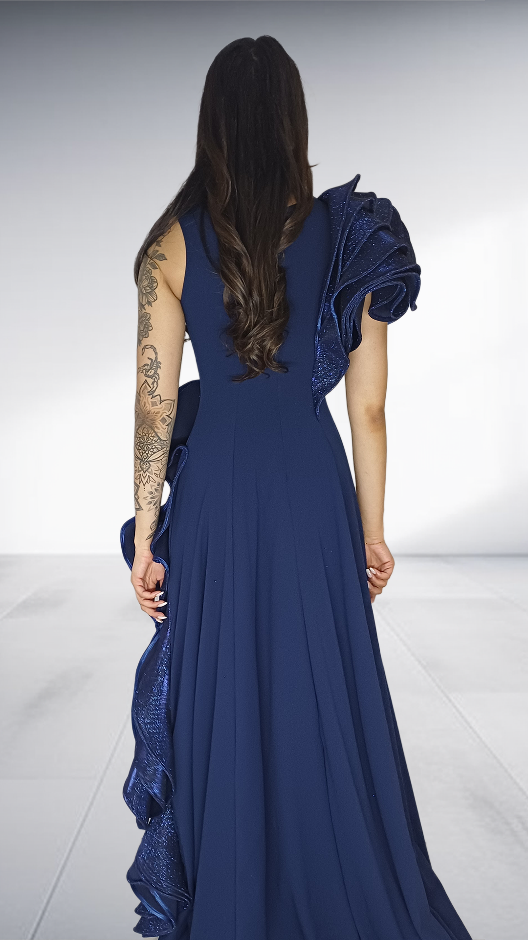 Erre Navy Blue Ruffled Evening Gown