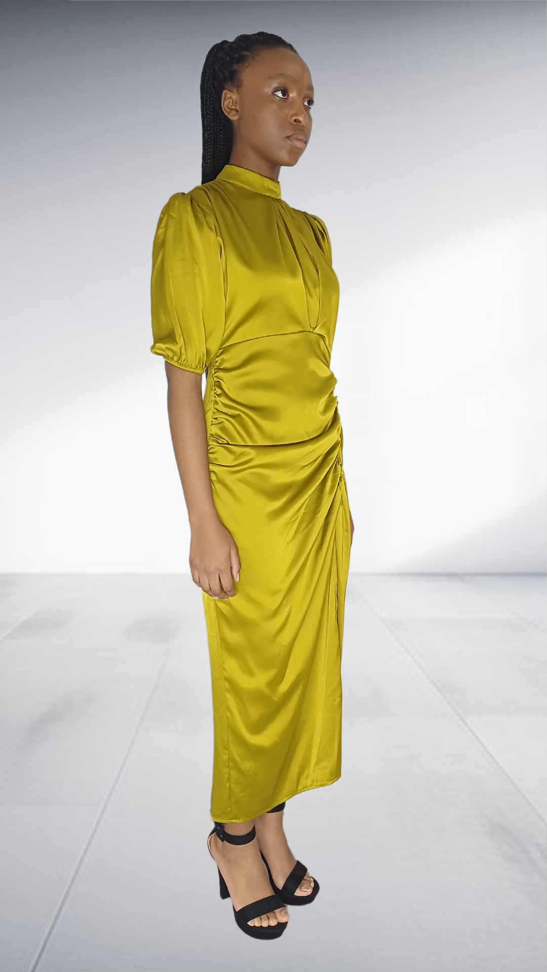 Olive Green Satin Ruched Midi Dress