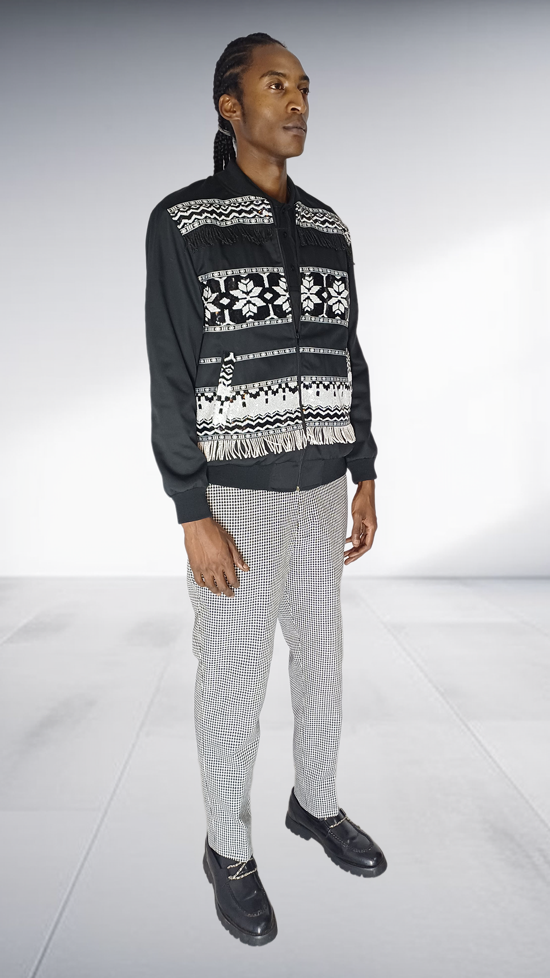 Ephymol Geometric Fringe Bomber Jacket & Houndstooth Trousers Set