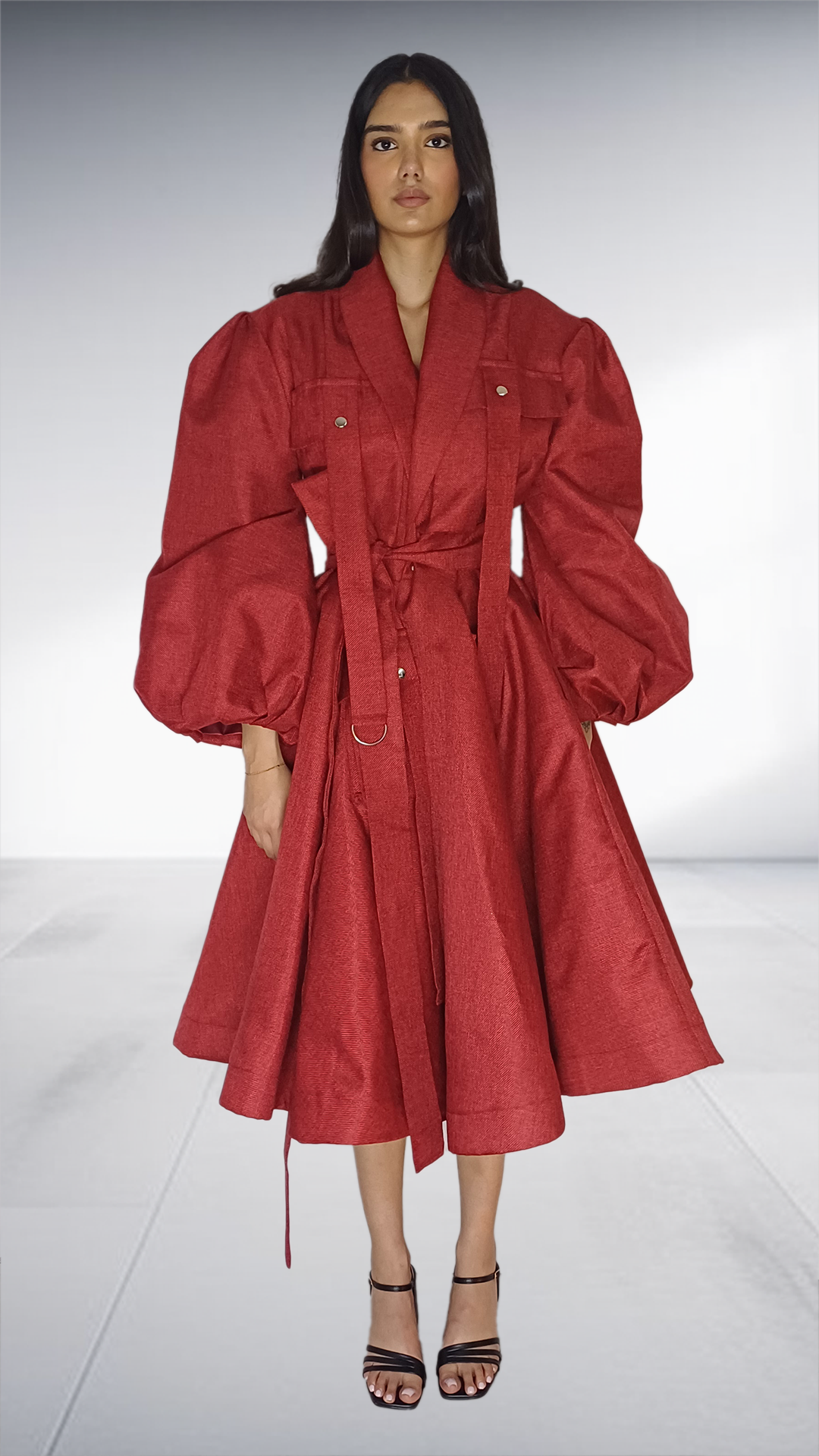 Coral Red Balloon Sleeve Trench Coat Dress
