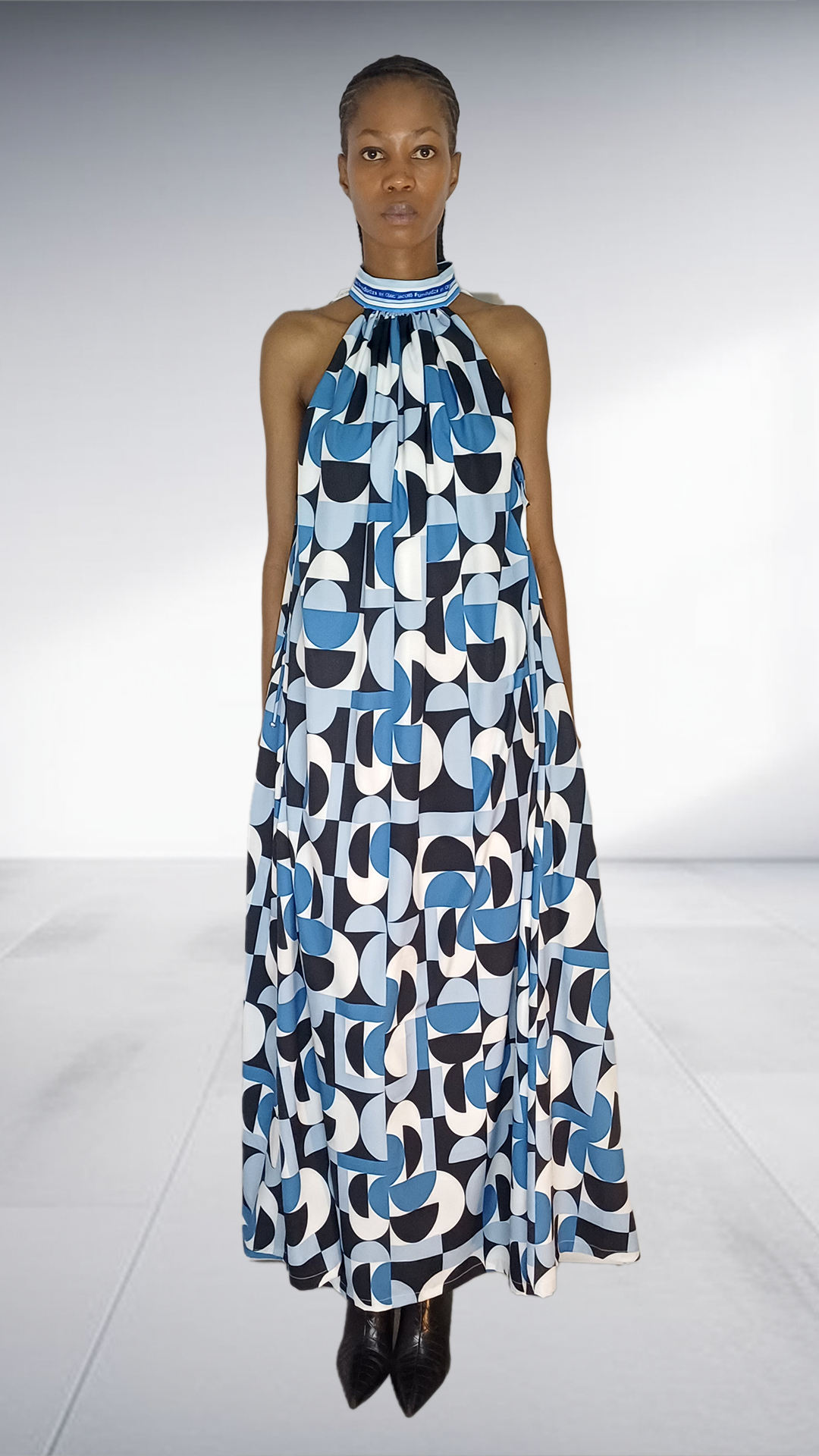 Jasmin Blue Geometric Print Halter Maxi Dress