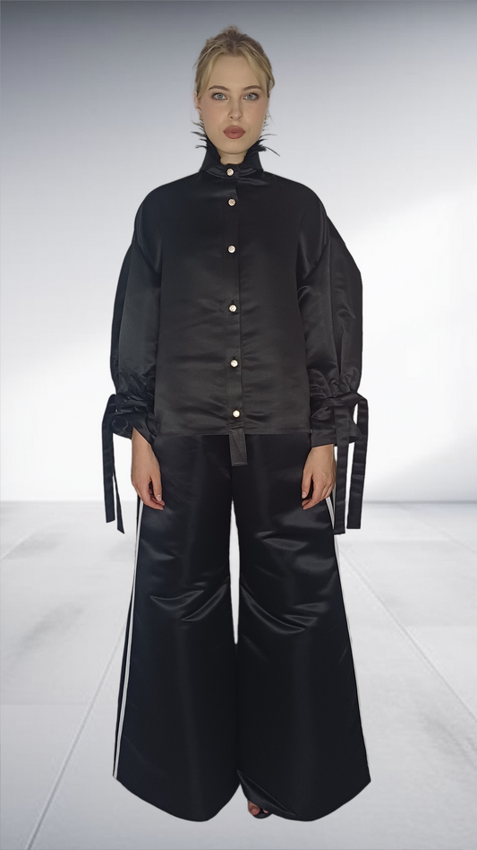 Black Satin Wide-Leg Trouser Set