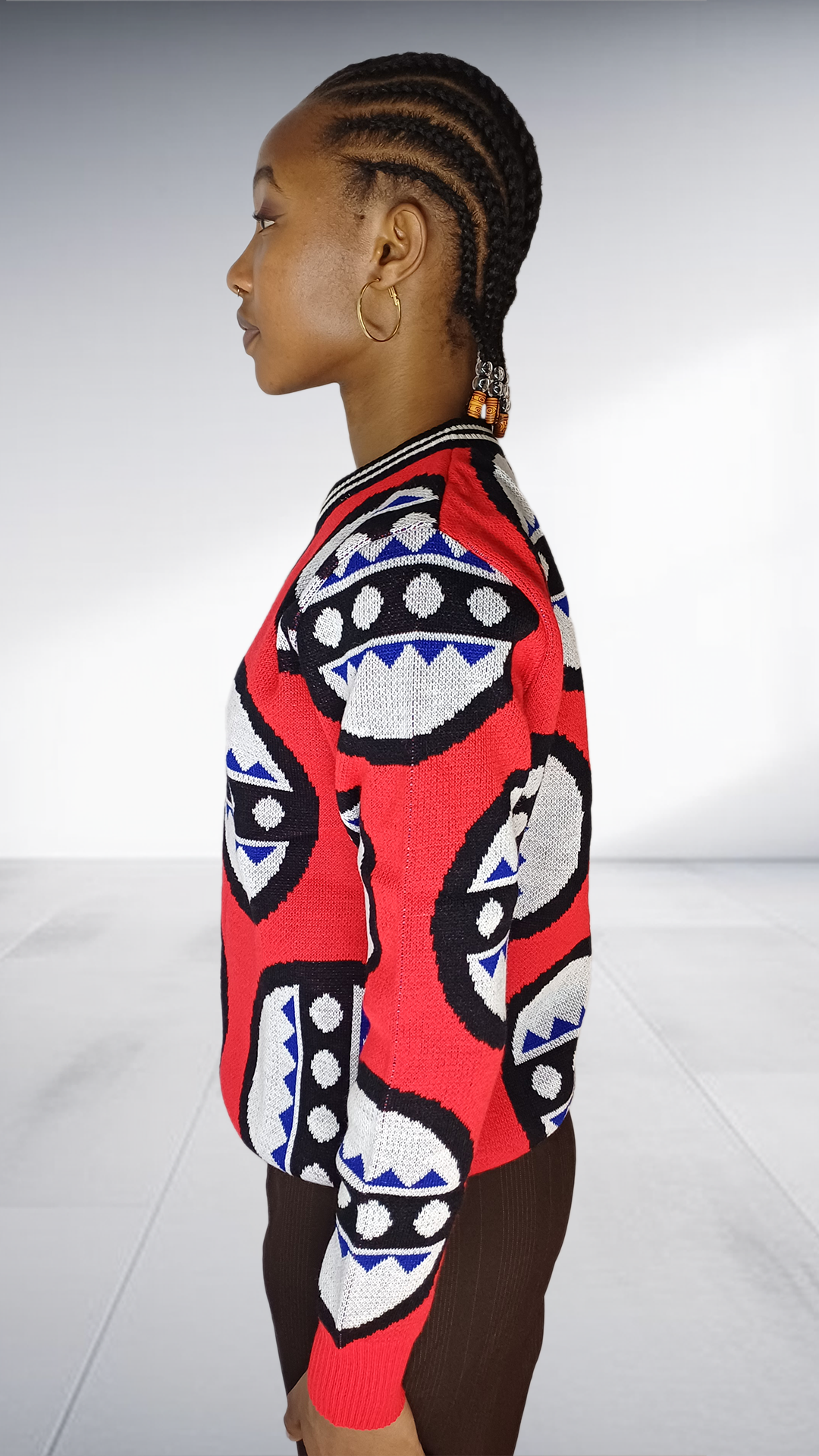 Red African Mask Motif Knit Sweater