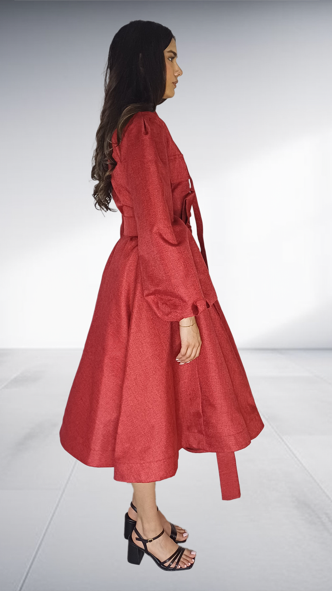 Coral Red Balloon Sleeve Trench Coat Dress
