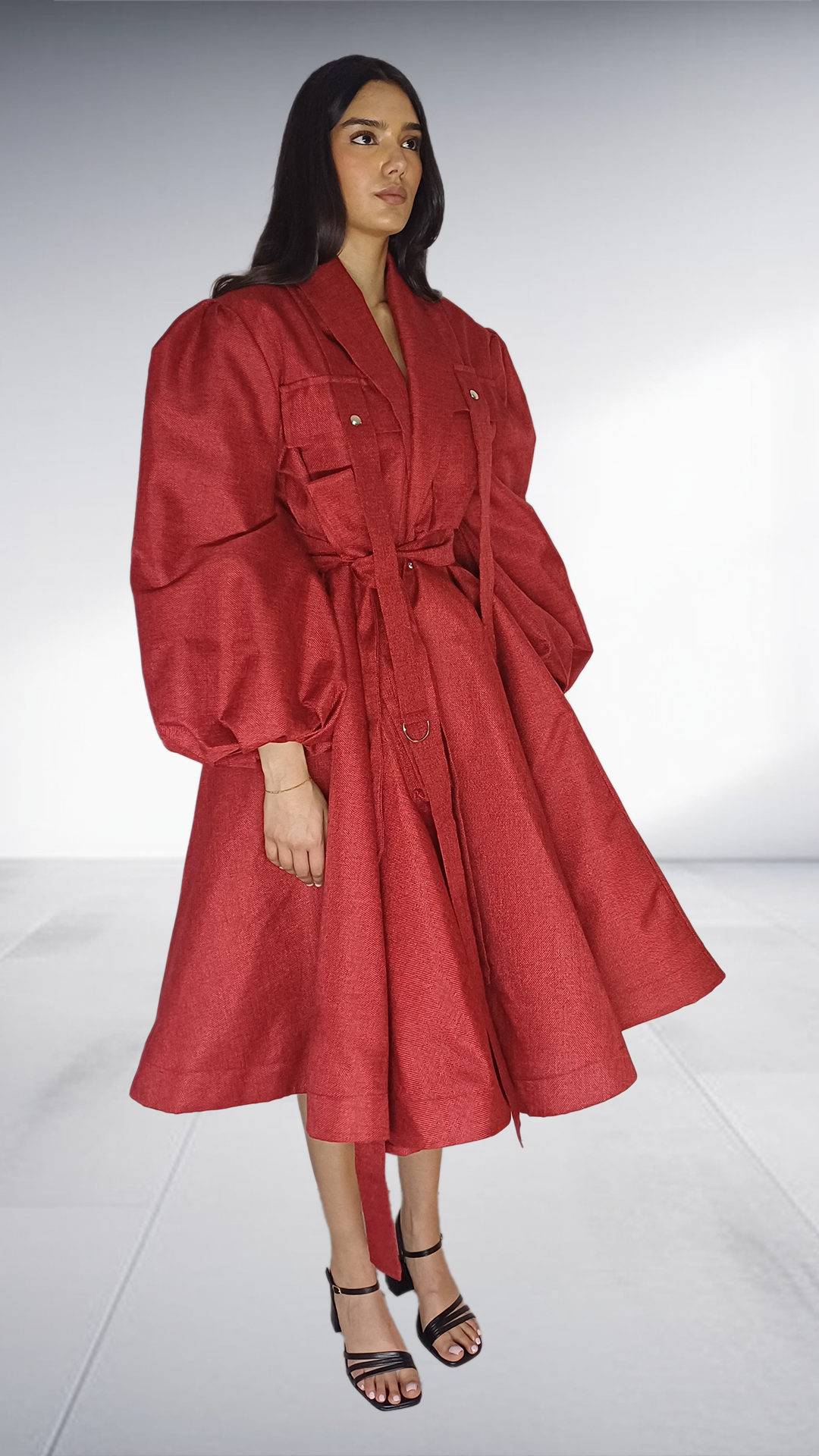 Coral Red Balloon Sleeve Trench Coat Dress