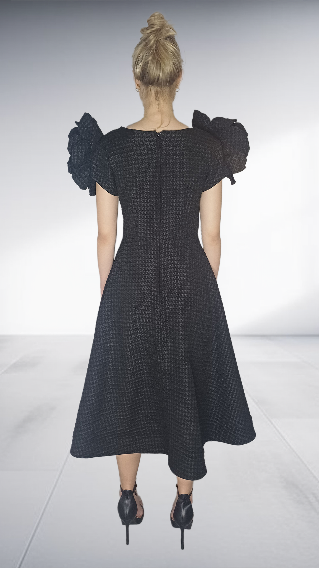 Floradora - Black Puff Sleeve Midi Dress with Removable Flower Details