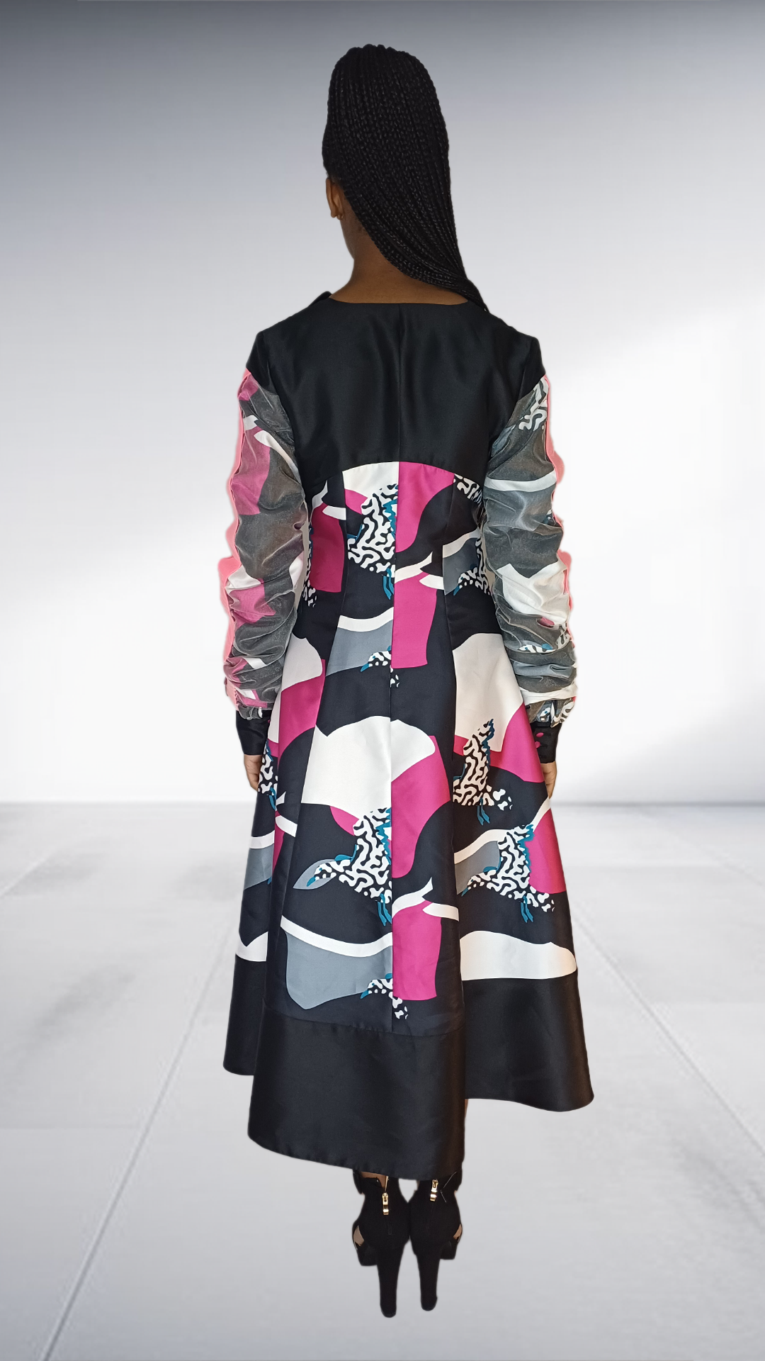 Abstract Print Zip-Up Midi Dress with Black Hem