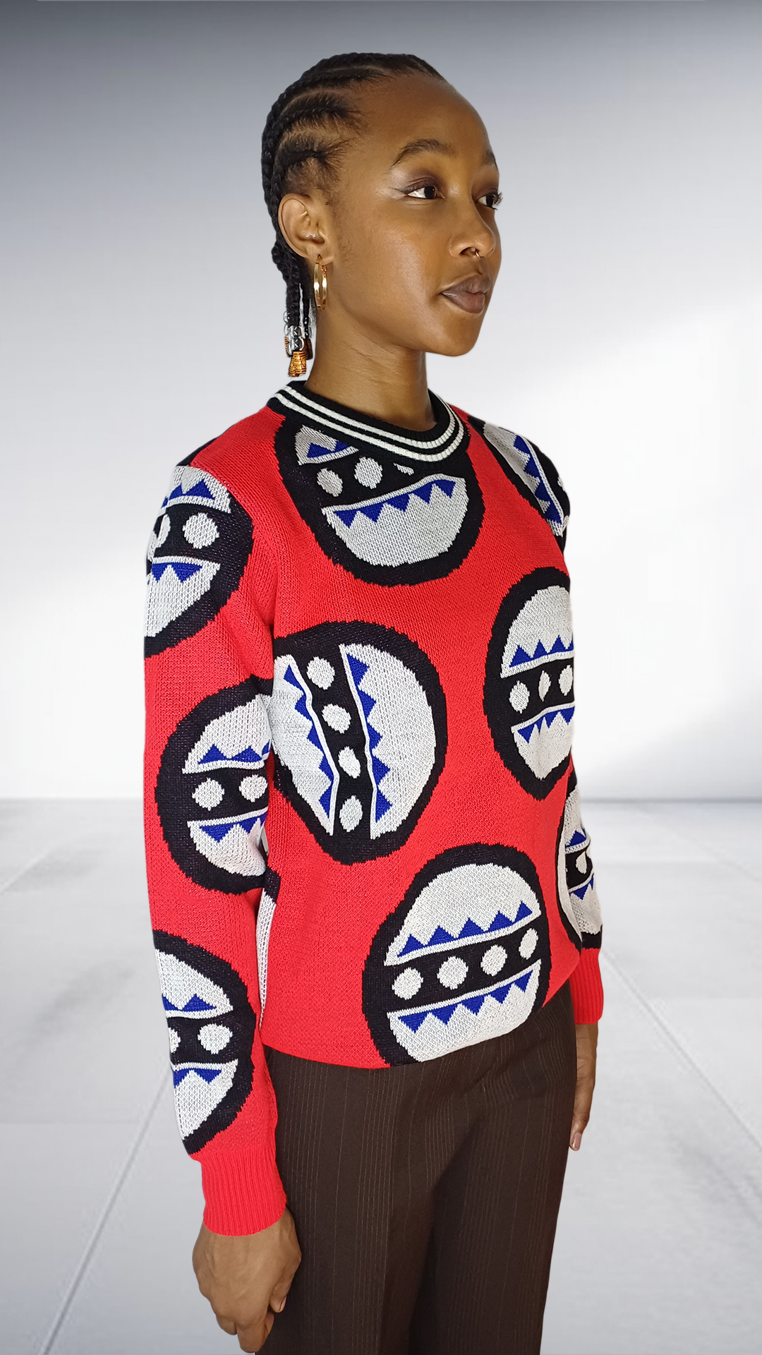 Red African Mask Motif Knit Sweater