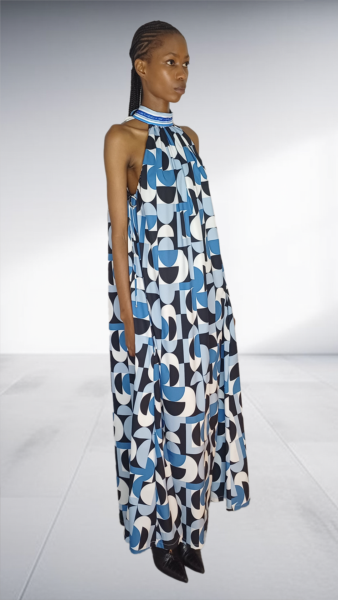 Jasmin Blue Geometric Print Halter Maxi Dress