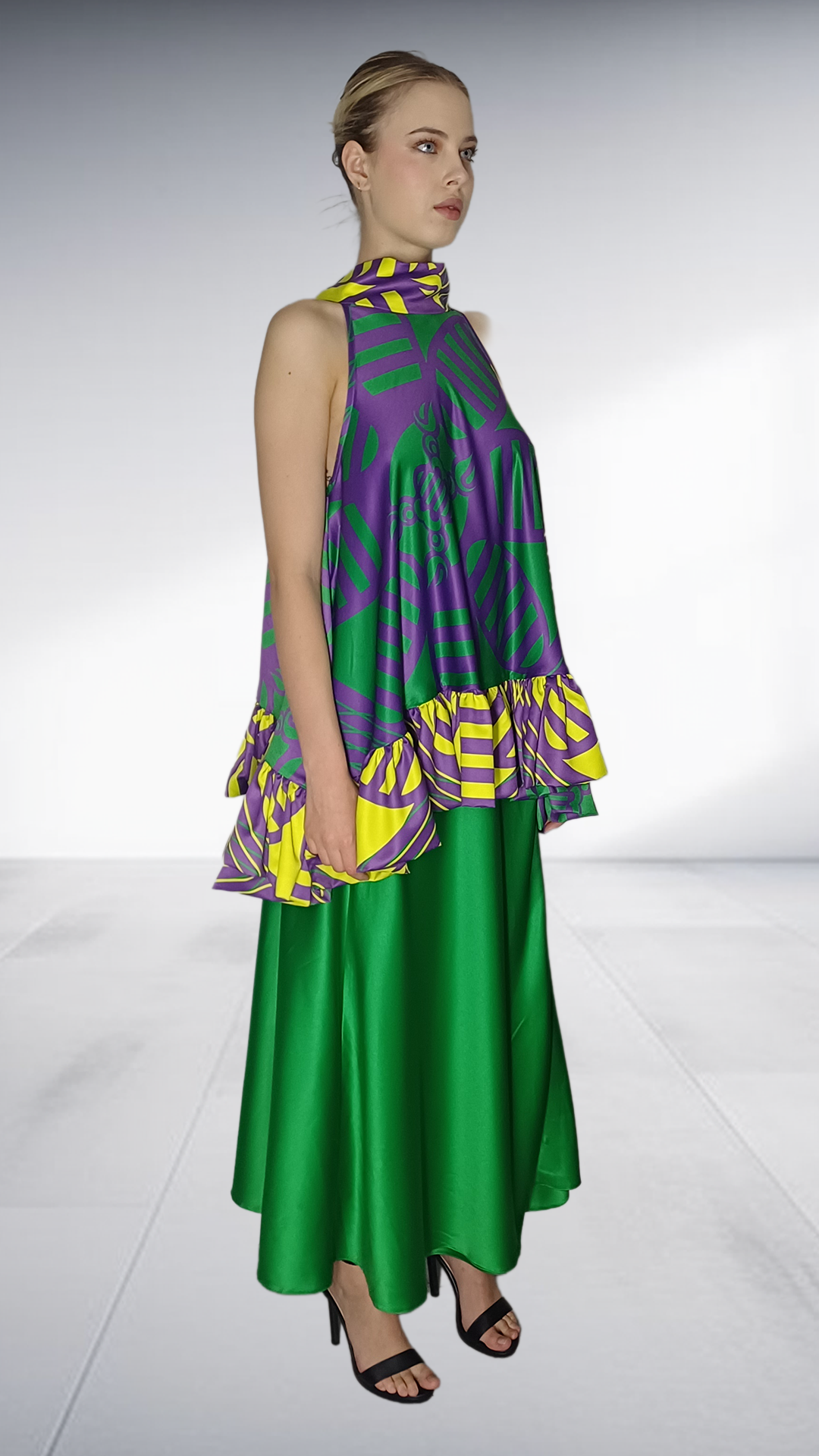 Nina Sedumedi African Print Peplum Top & Maxi Skirt Set - Purple, Yellow & Green