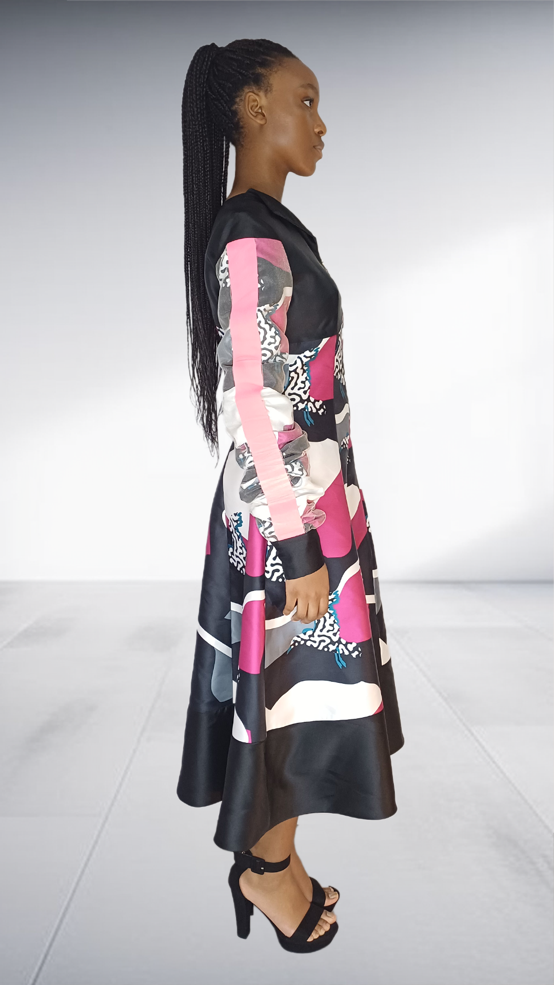 Abstract Print Zip-Up Midi Dress with Black Hem