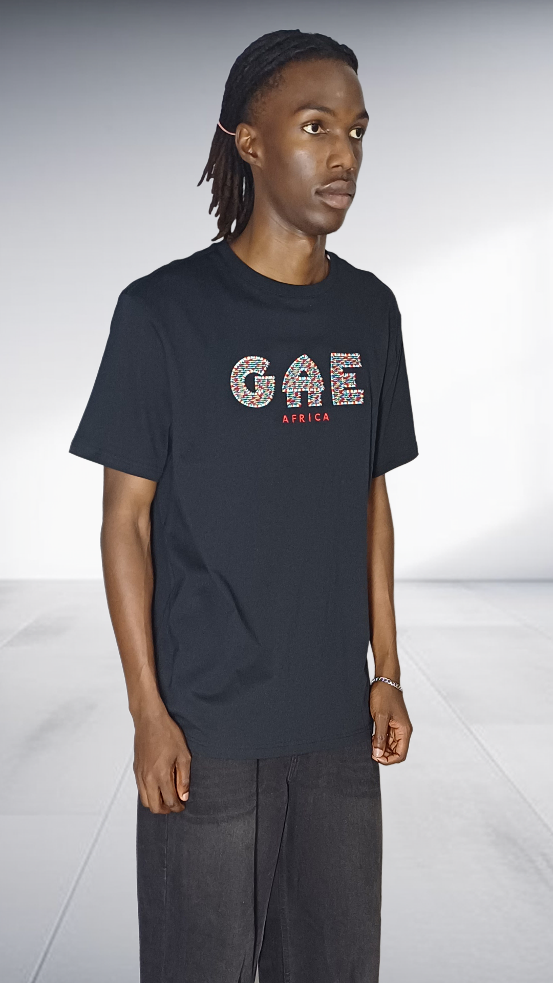GAE Africa Logo T-Shirt - Black with Embroided African Print