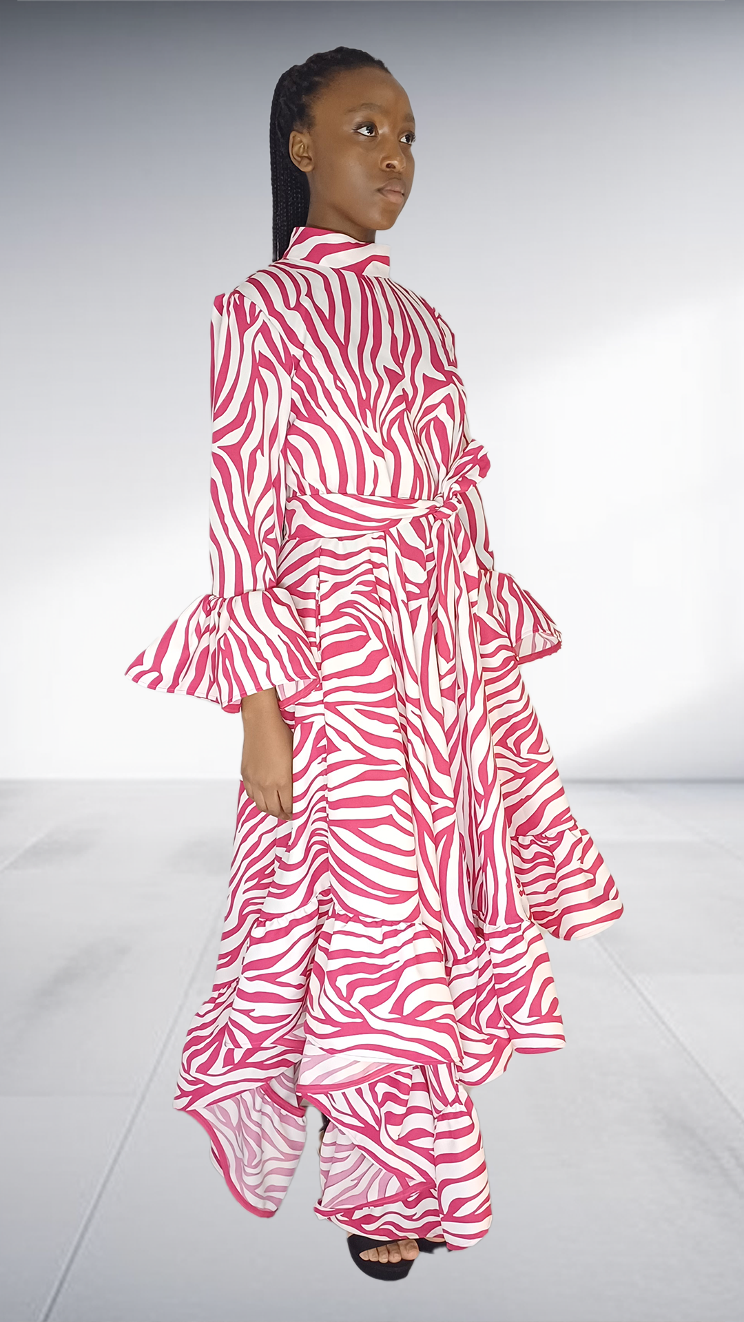 Pink & White Zebra Print Ruffle Maxi Dress