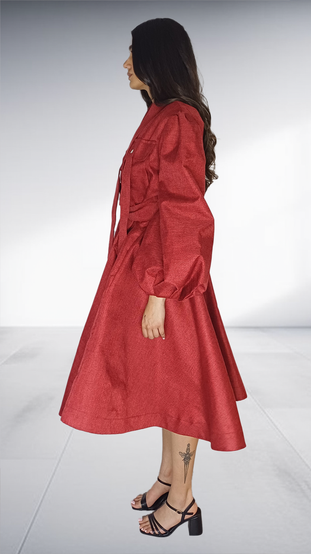 Coral Red Balloon Sleeve Trench Coat Dress