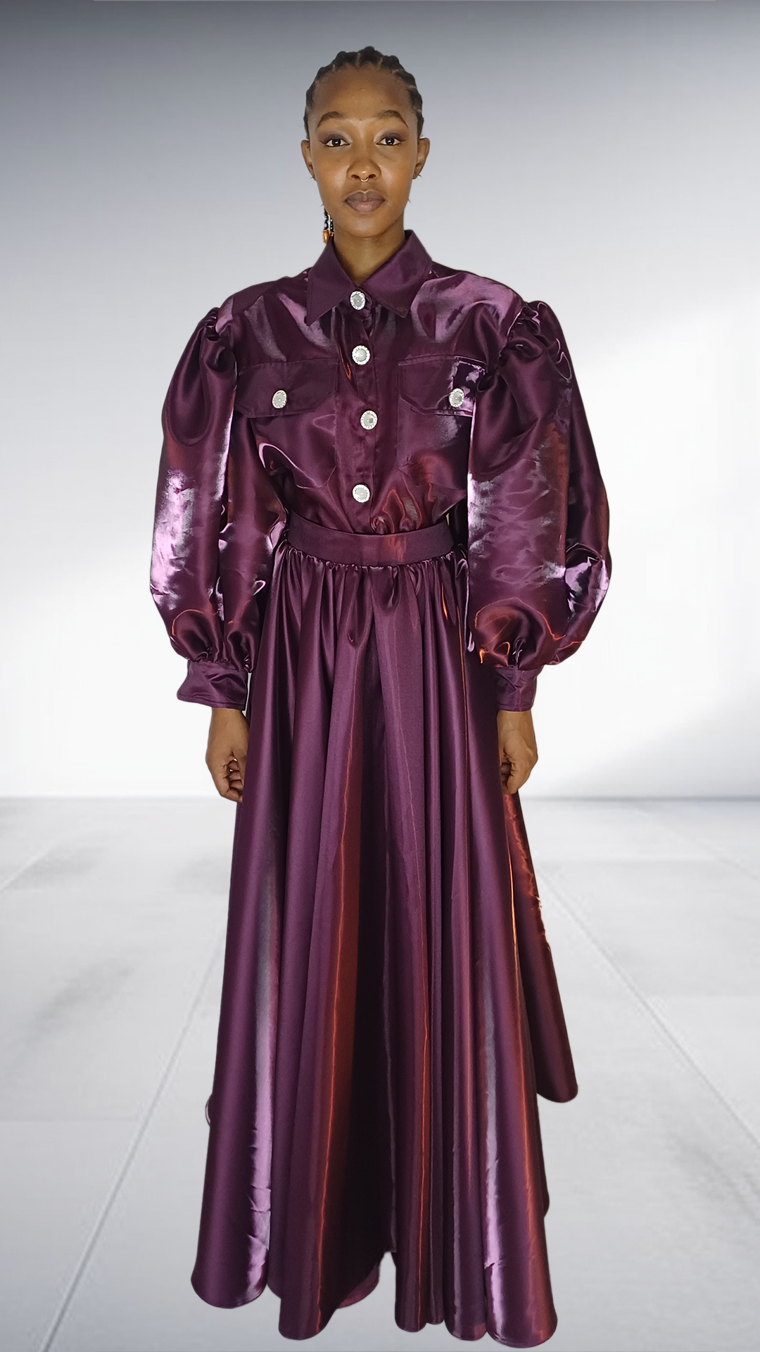 Deep Plum Satin Balloon Sleeve Two-Piece Set