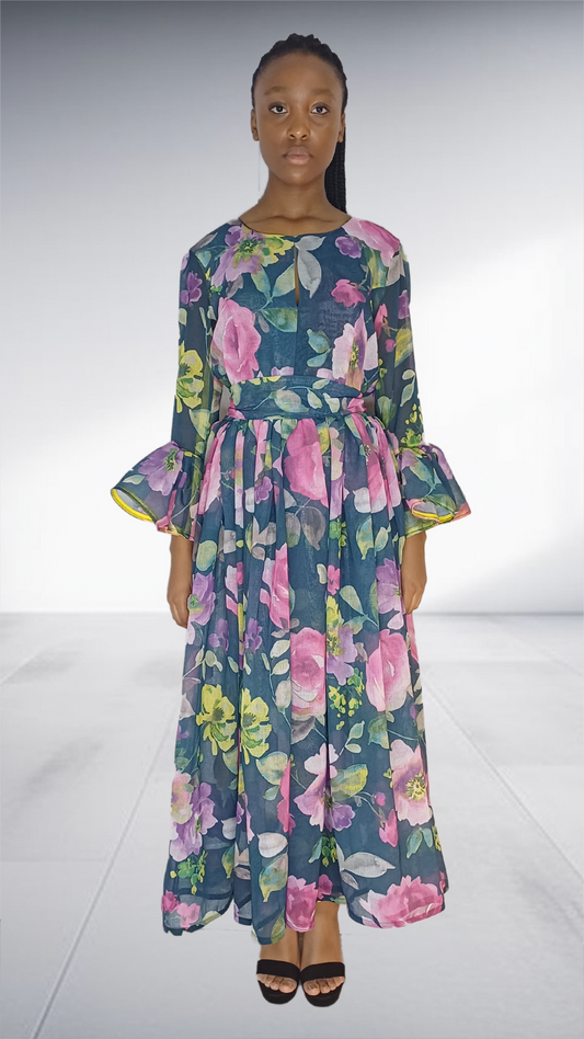 Navy Floral Print Bell Sleeve Maxi Dress with Yellow Trim