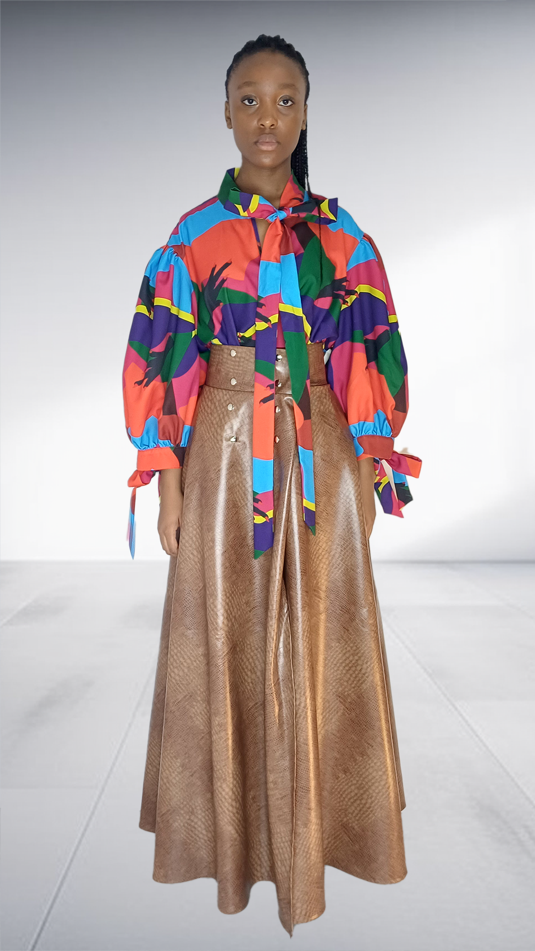 Multicolor Balloon Sleeve Top & Bronze Snakeskin Maxi Skirt Set