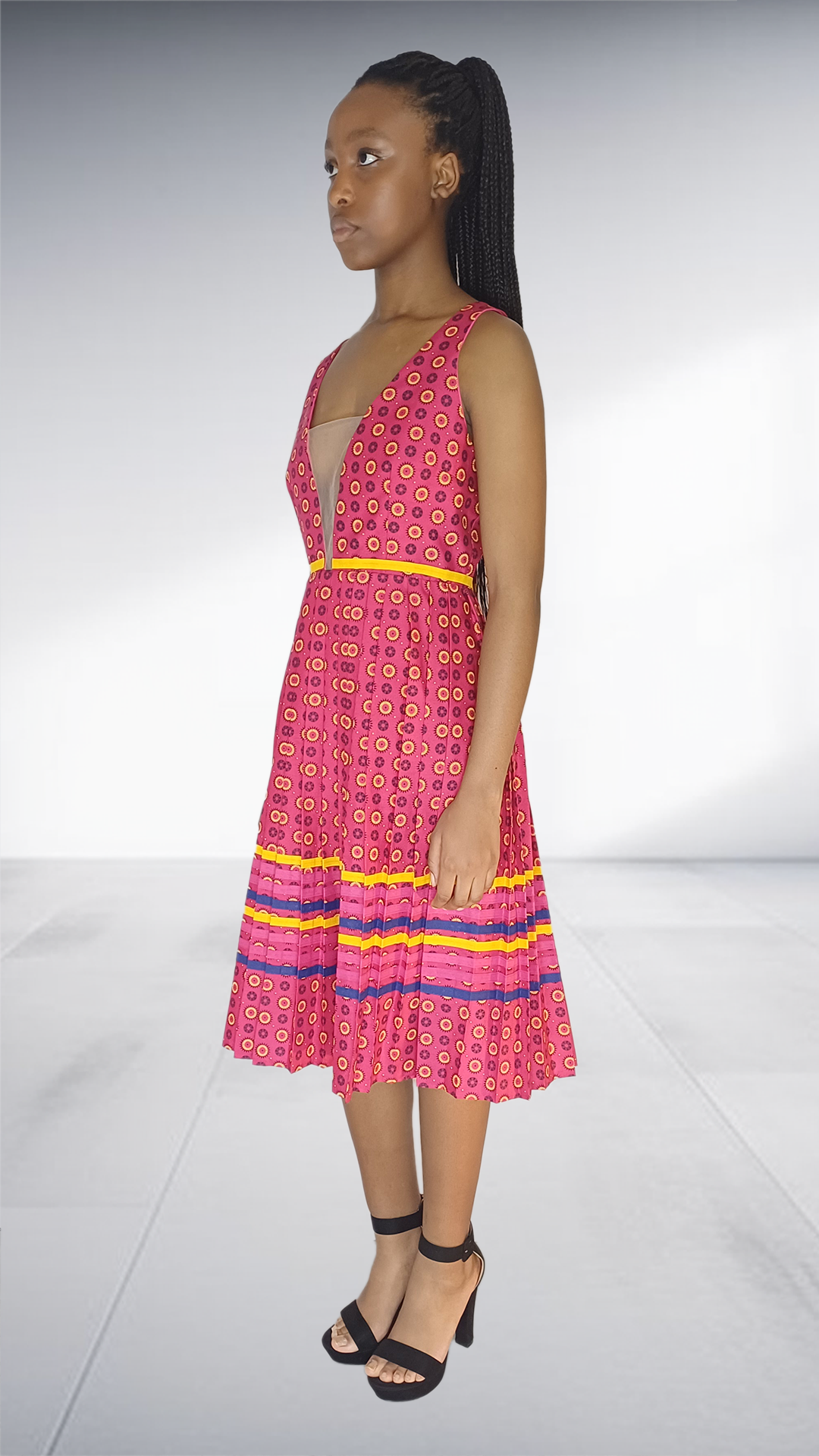 Pink Shweshwe Print Dress with Rainbow Striped Trim
