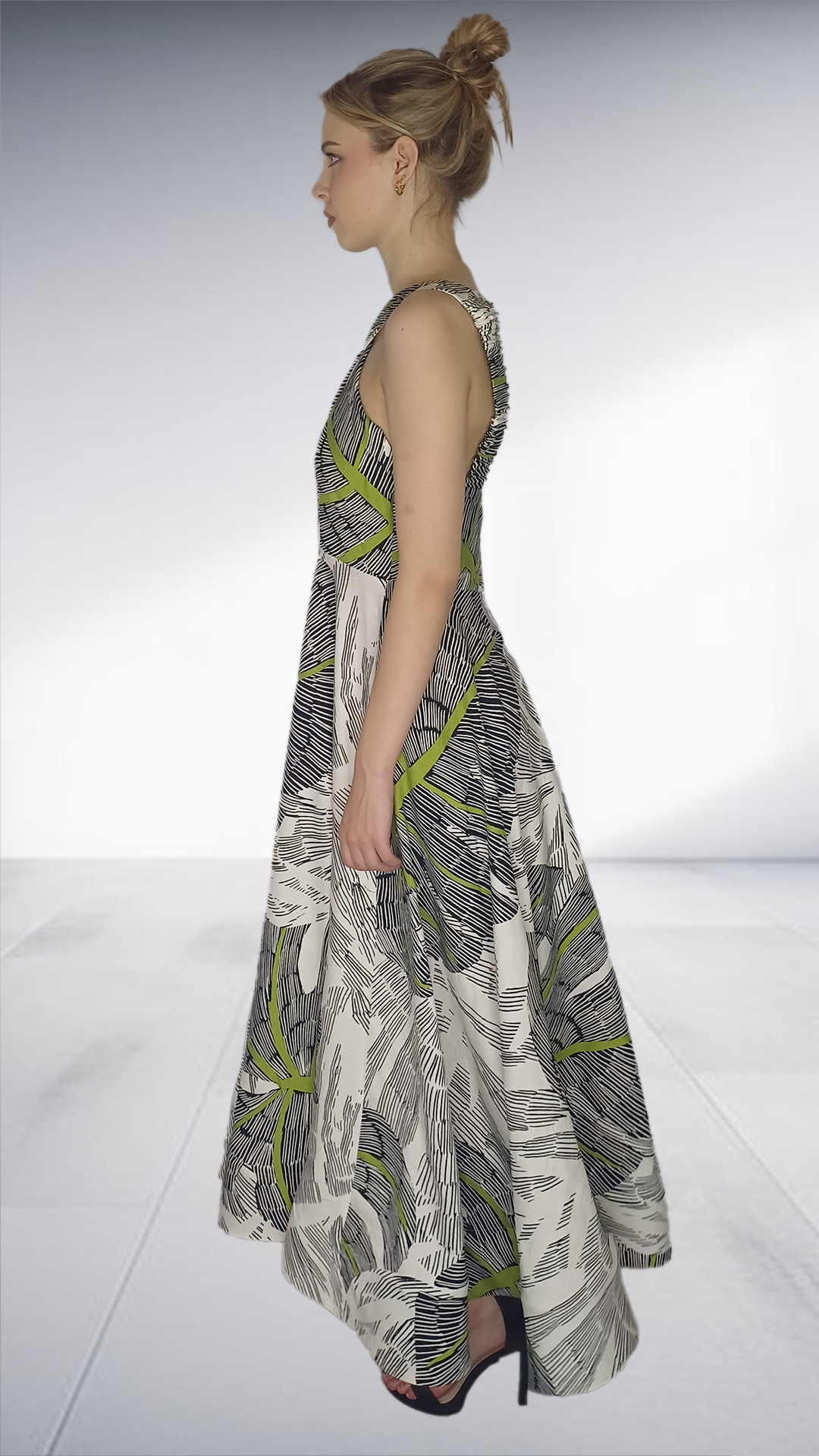 Claire - Abstract Print Halter Maxi Dress with Yellow Accents