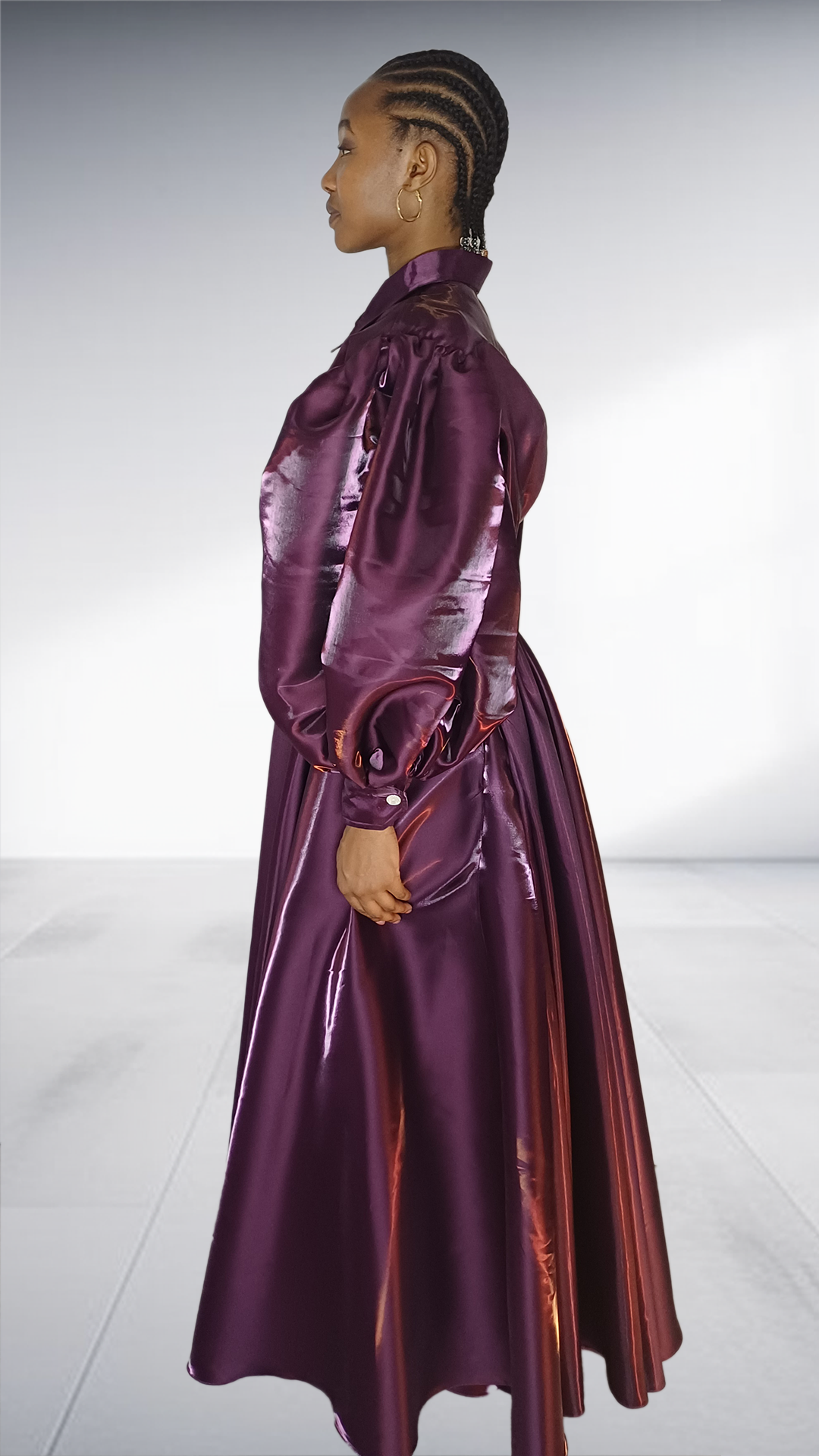 Deep Plum Satin Balloon Sleeve Two-Piece Set