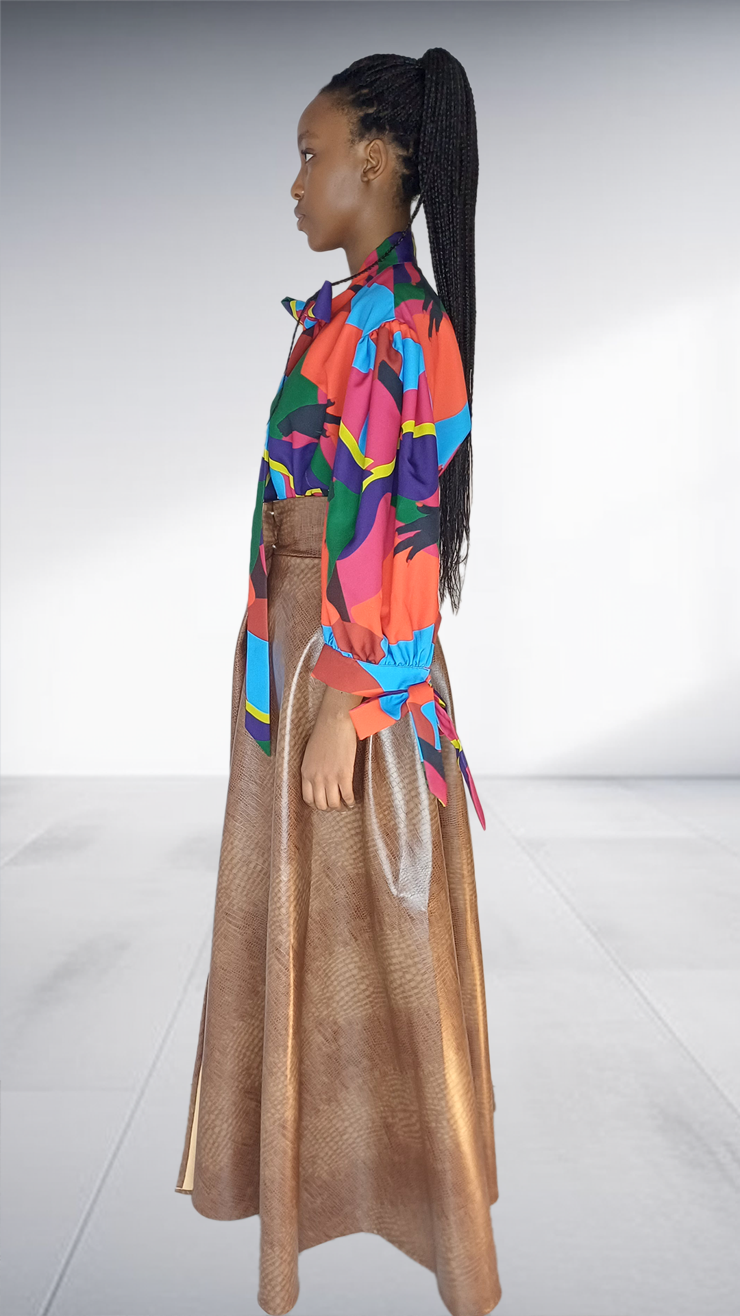 Multicolor Balloon Sleeve Top & Bronze Snakeskin Maxi Skirt Set