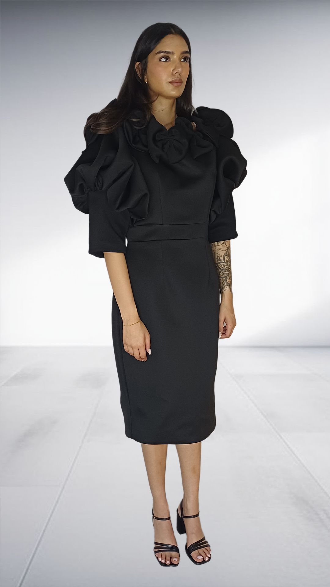 Black Sculptural Ruffle Sleeve Pencil Dress
