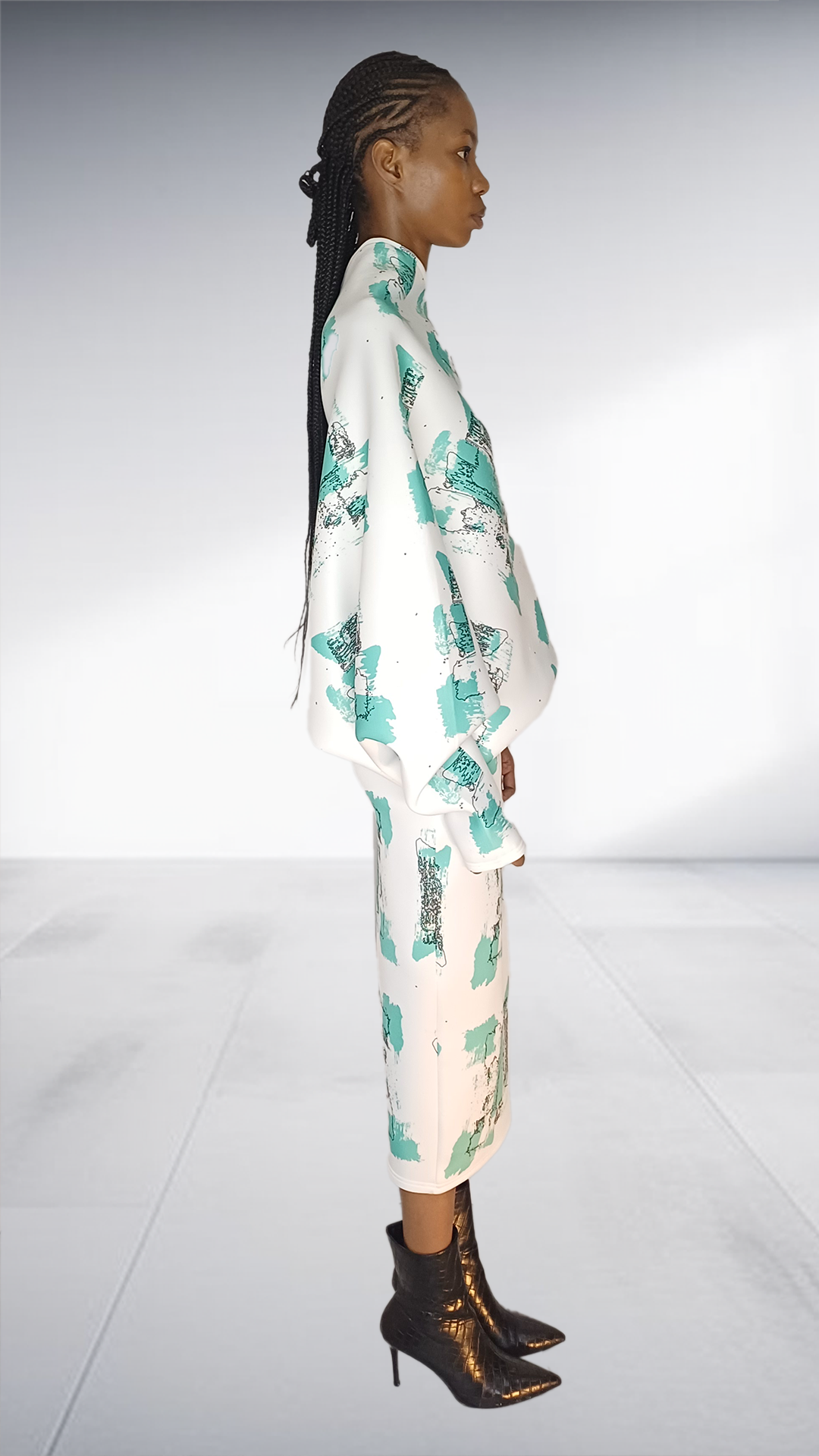 Turquoise Abstract Print One-Shoulder Midi Dress