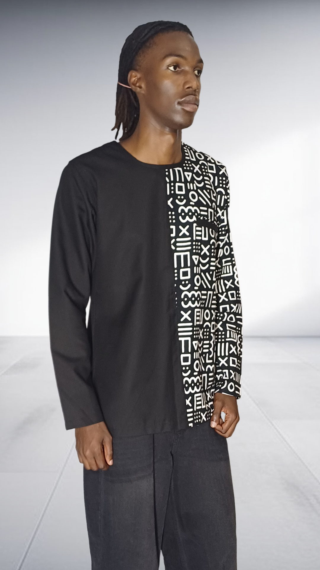 Lolo D Asymmetric Geometric Print Long Sleeve Shirt - Black & White