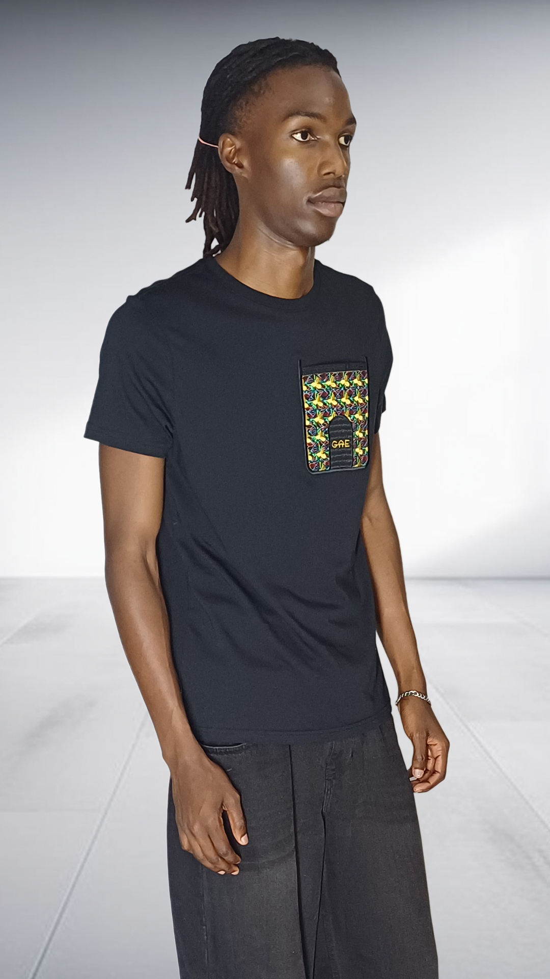 GAE African Print Pocket T-Shirt - Black with Embroidered Detail