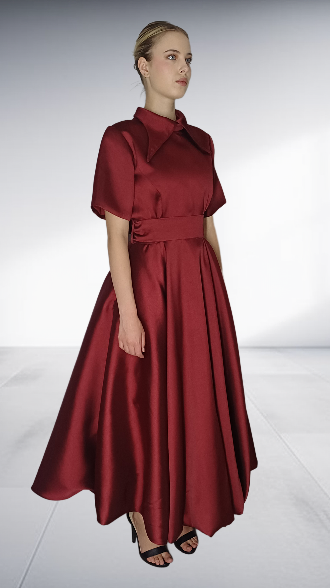 Jozsy Bubble Maxi Dress with Collar - Burgundy Satin