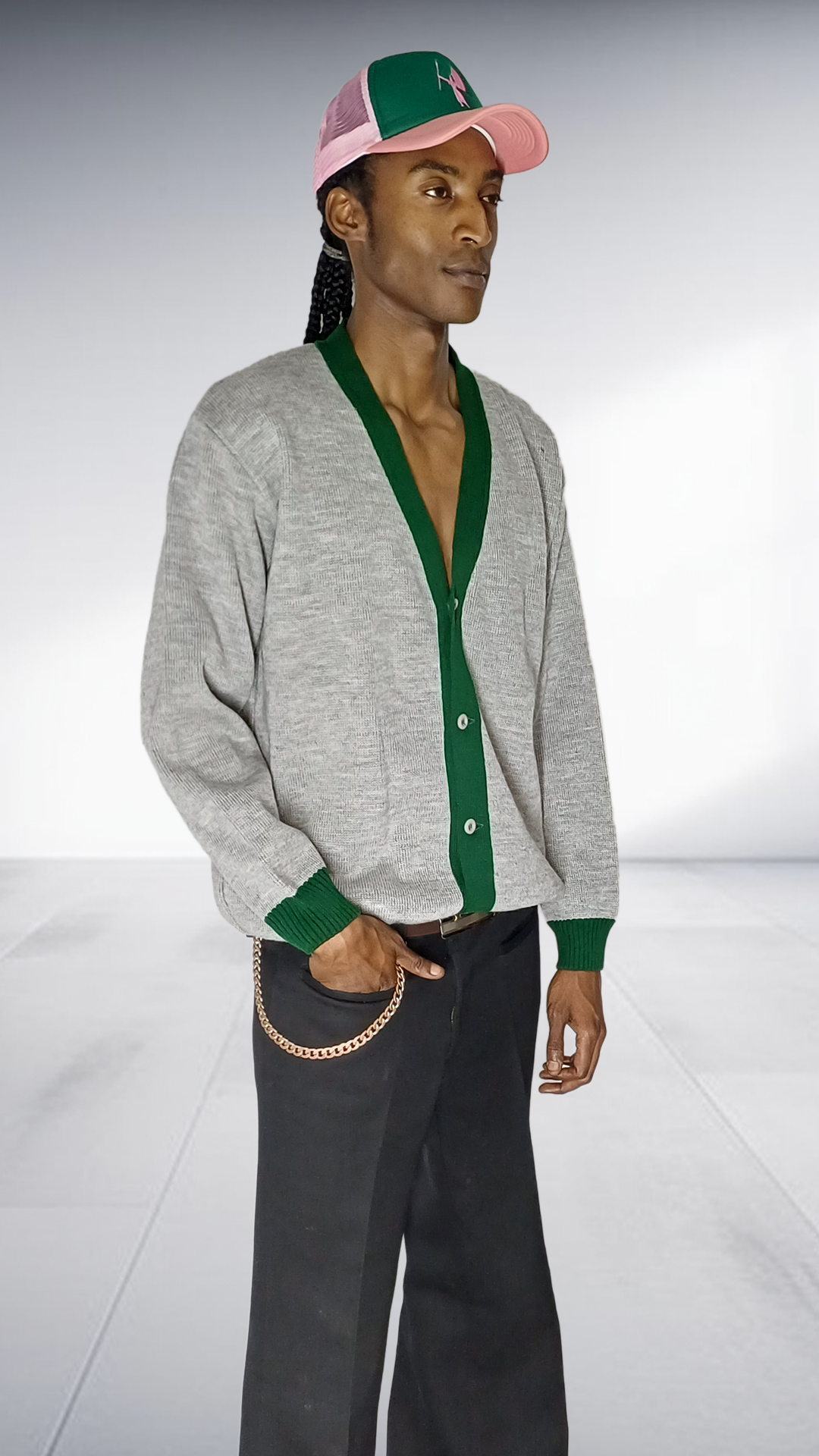 Chale Contrast Trim Cardigan - Grey & Green