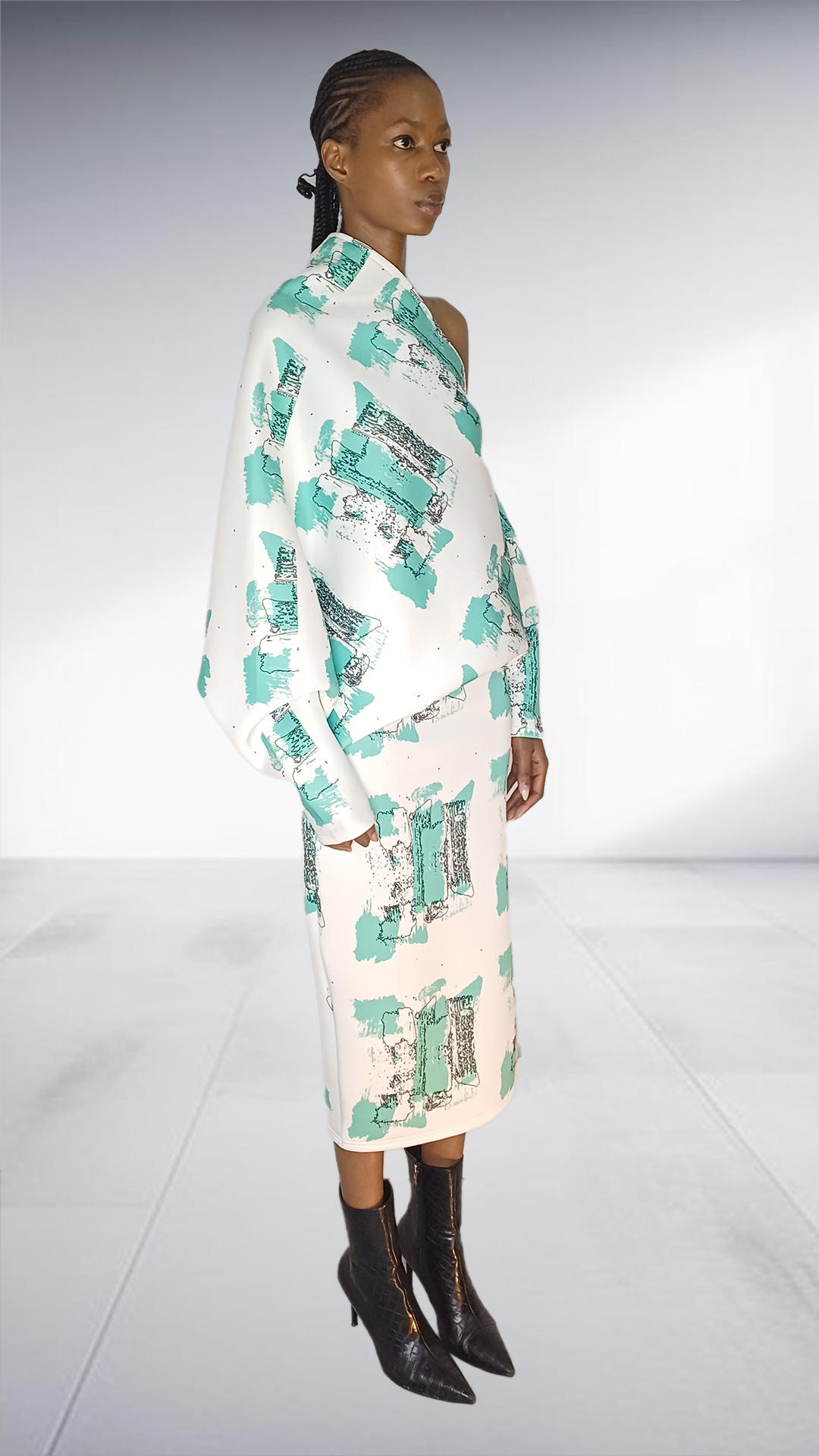 Turquoise Abstract Print One-Shoulder Midi Dress