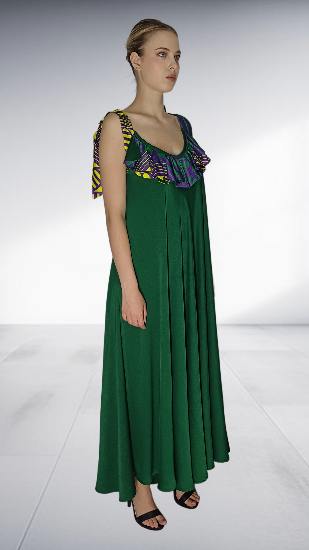 Nina Sedumedi Emerald Green Maxi Dress with African Print Shoulder Ties