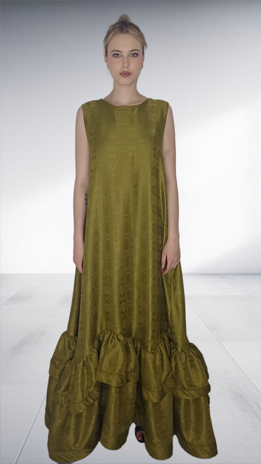Alabo - Olive Green Embossed Ruffle Hem Maxi Dress