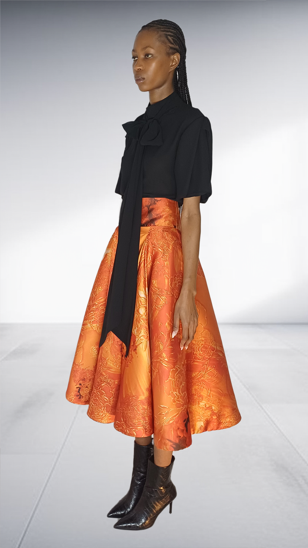 Black Bow Blouse & Orange Brocade Midi Skirt Two-Piece Set