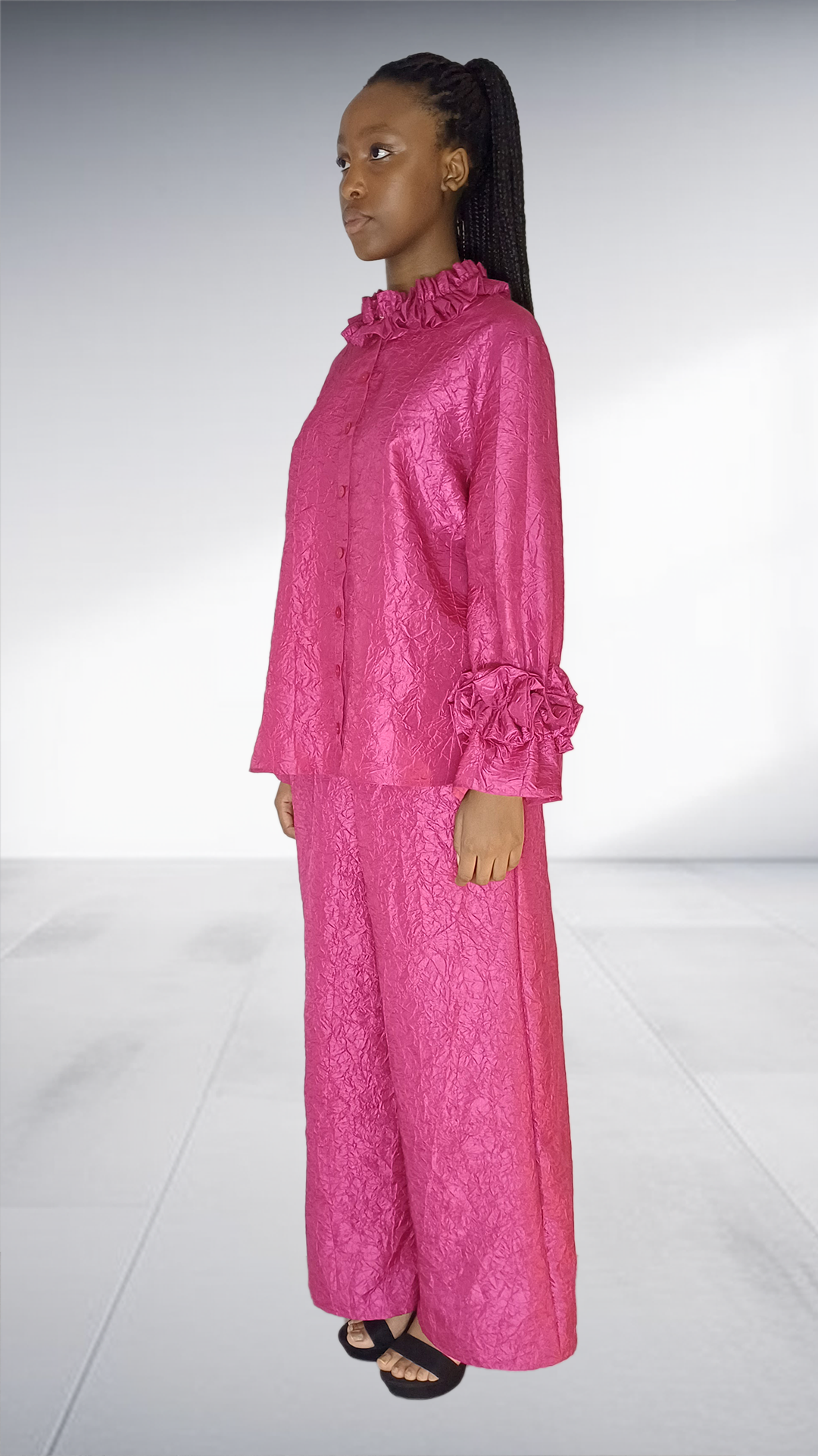 Pink Brocade Ruffle Collar Two-Piece Set