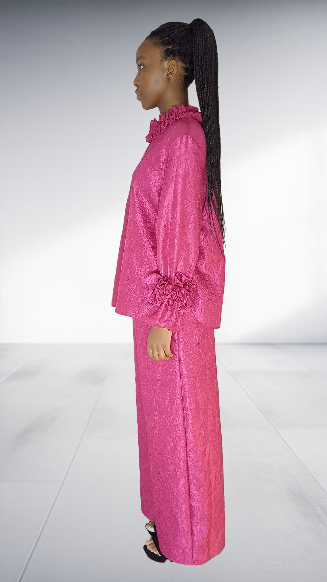 Pink Brocade Ruffle Collar Two-Piece Set