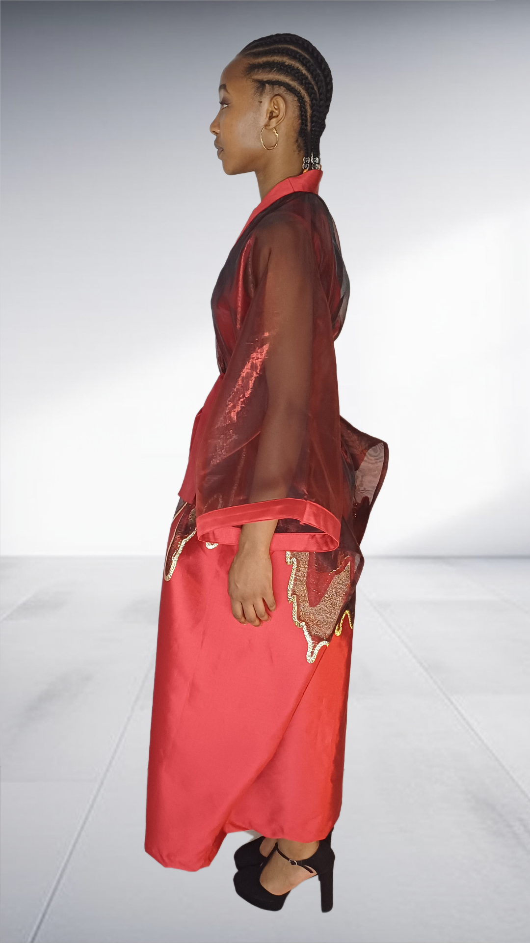 Red Satin Kimono Robe with Gold Embellishment